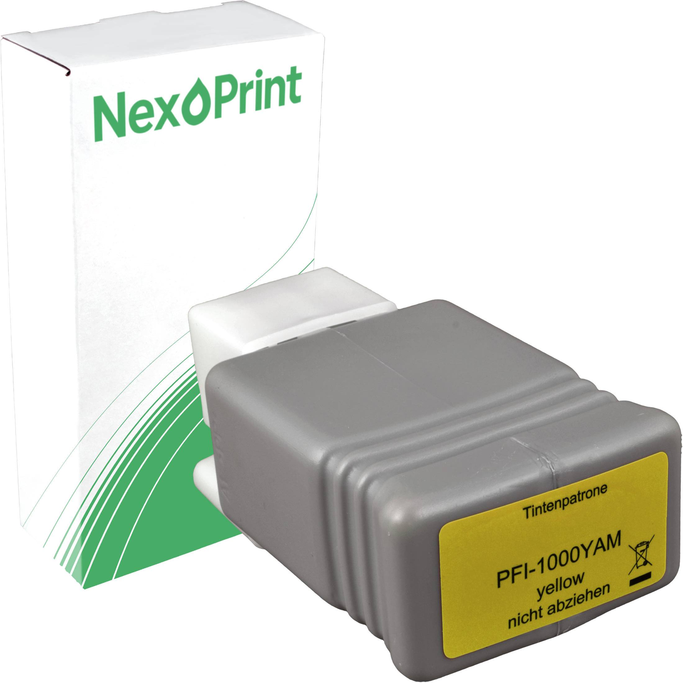 Druckerpatronen-Verpackung mit der Bezeichnung PFI-1000YAM, gelb. Marke: NexPrint.