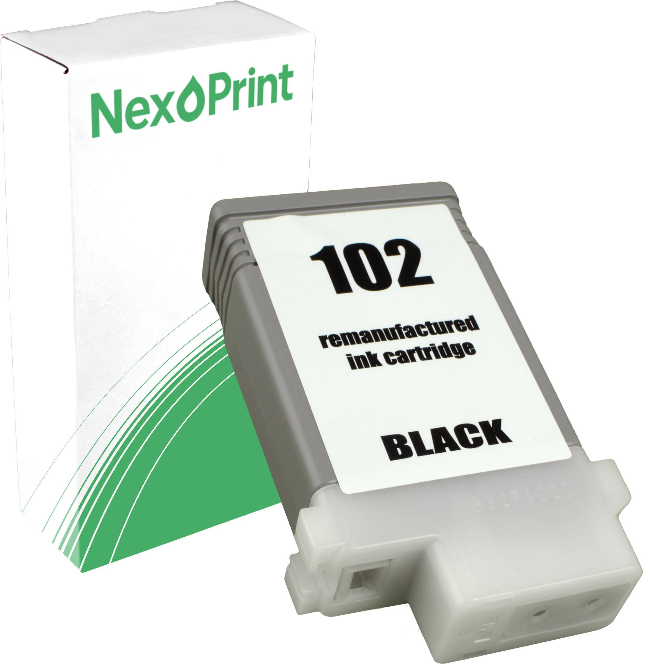 NexPrint 102 aufbereitete schwarze Tintenpatrone vor Originalverpackung, Produkt für Druckbedürfnisse präsentierend.