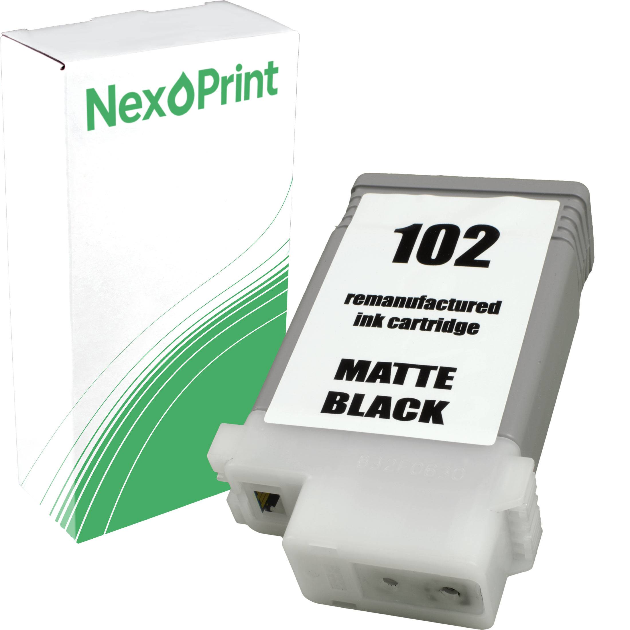Verpackung und Tintenpatrone für 'NexPrint 102', gekennzeichnet als 'aufbereitete Tintenpatrone - mattschwarz'.