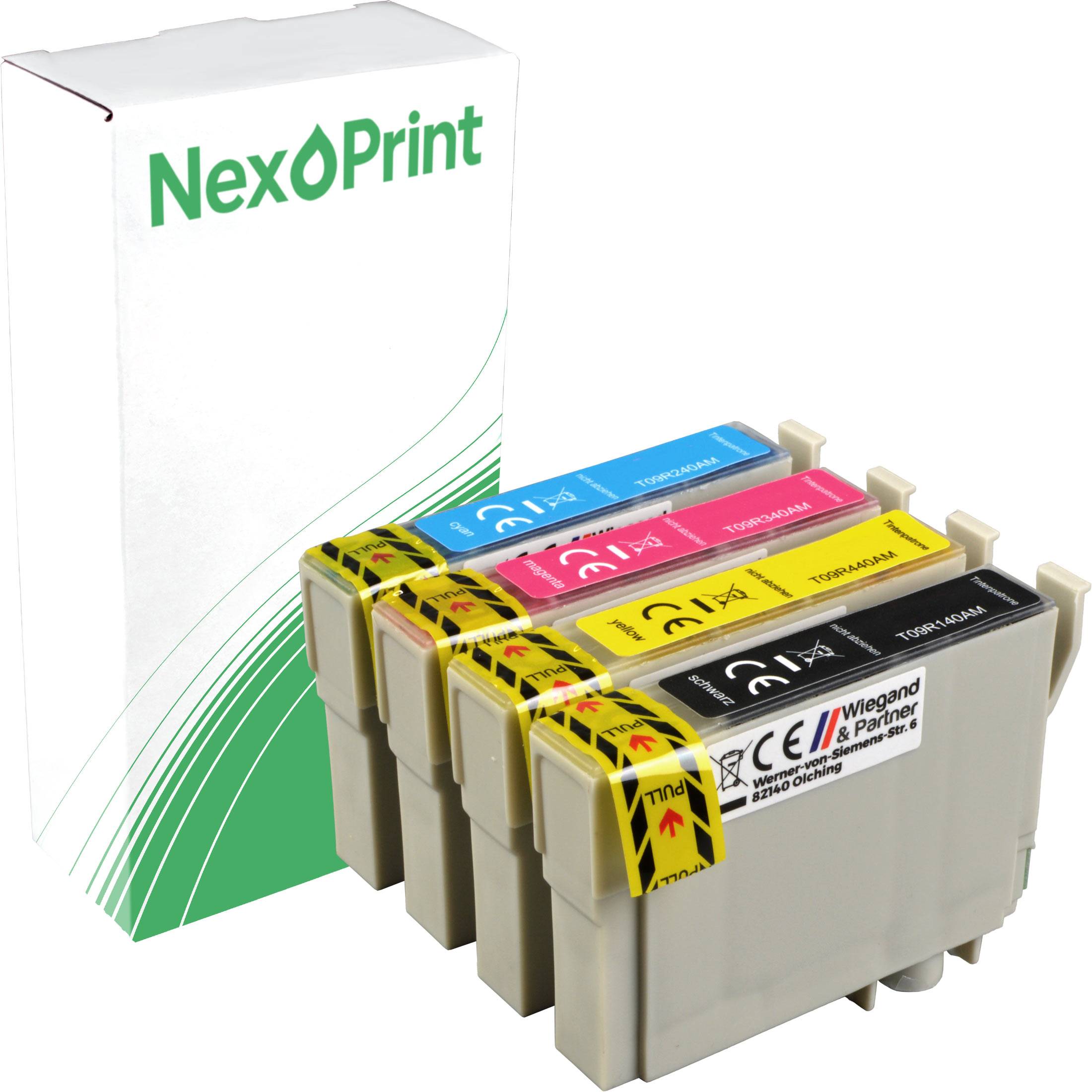Vier Tintenpatronen in Cyan, Magenta, Gelb und Schwarz mit einer NexPrint-Box im Hintergrund.