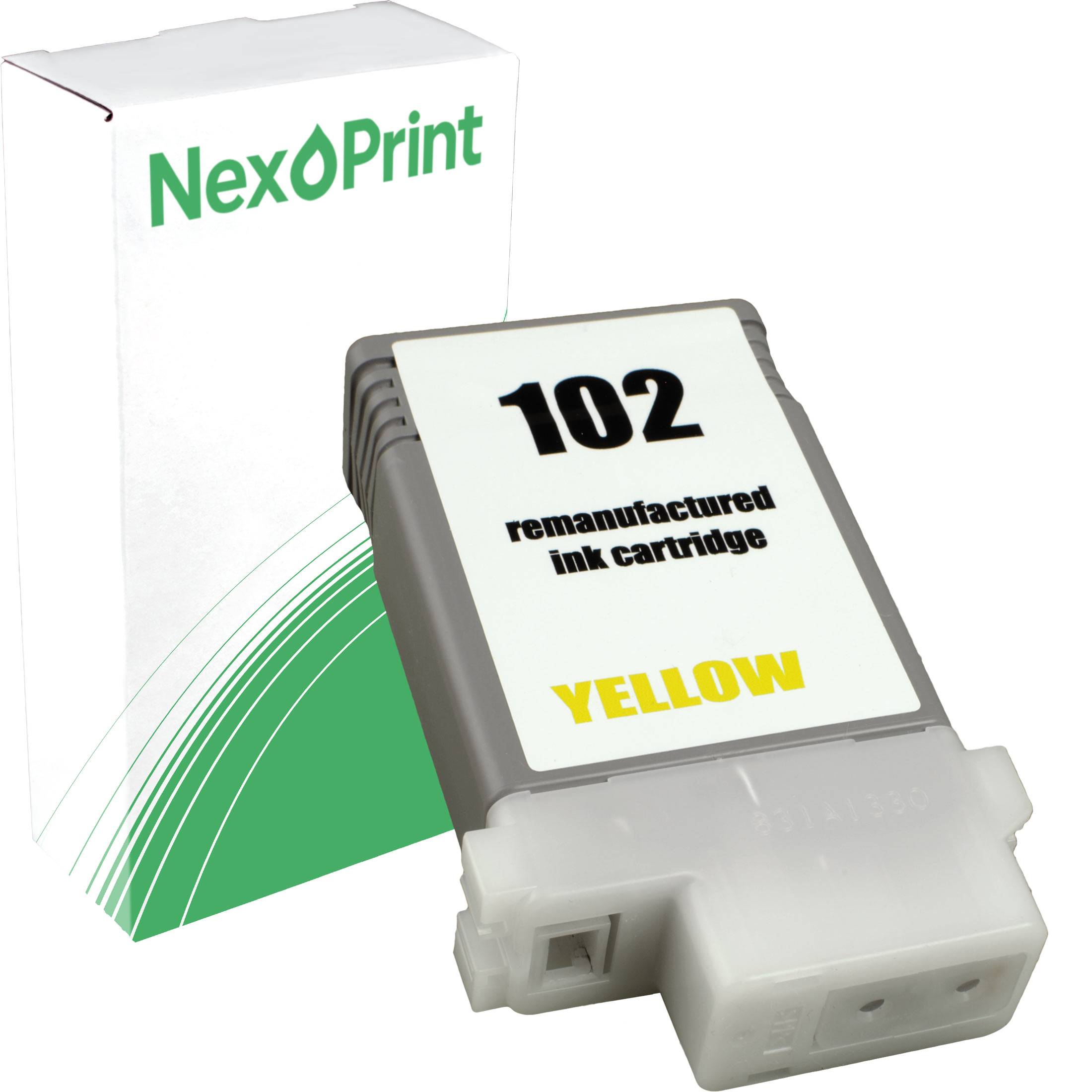 Gelbe Tintenpatrone mit der Beschriftung '102 Nachgefüllte Tintenpatrone' vor einem weißen Karton mit der Markenmarke 'NexPrint' im Hintergrund.