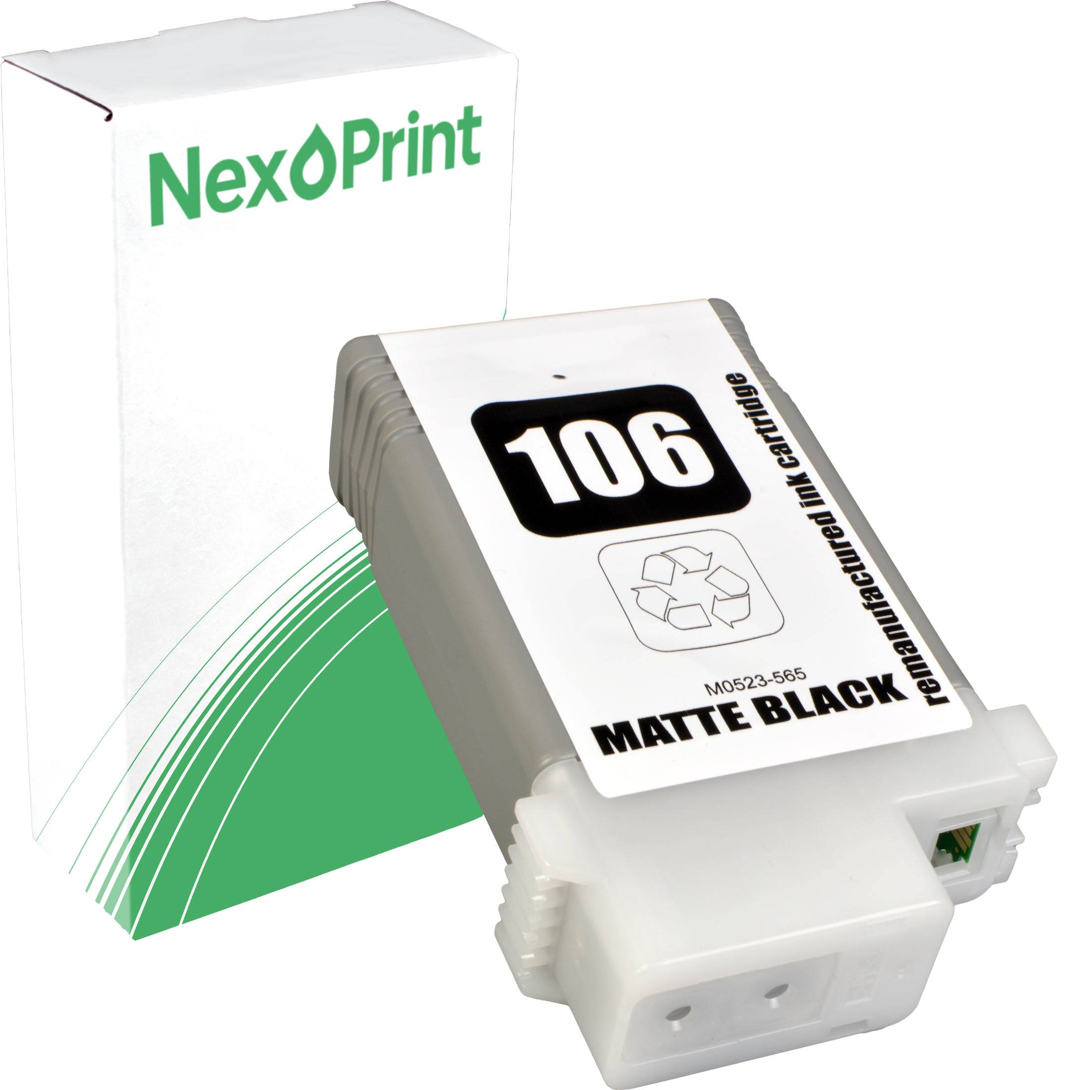 Eine 'NexPrint' nachgefüllte Tintenpatrone, mit der Bezeichnung '106 Mattschwarz', steht vor ihrer Markenkiste.