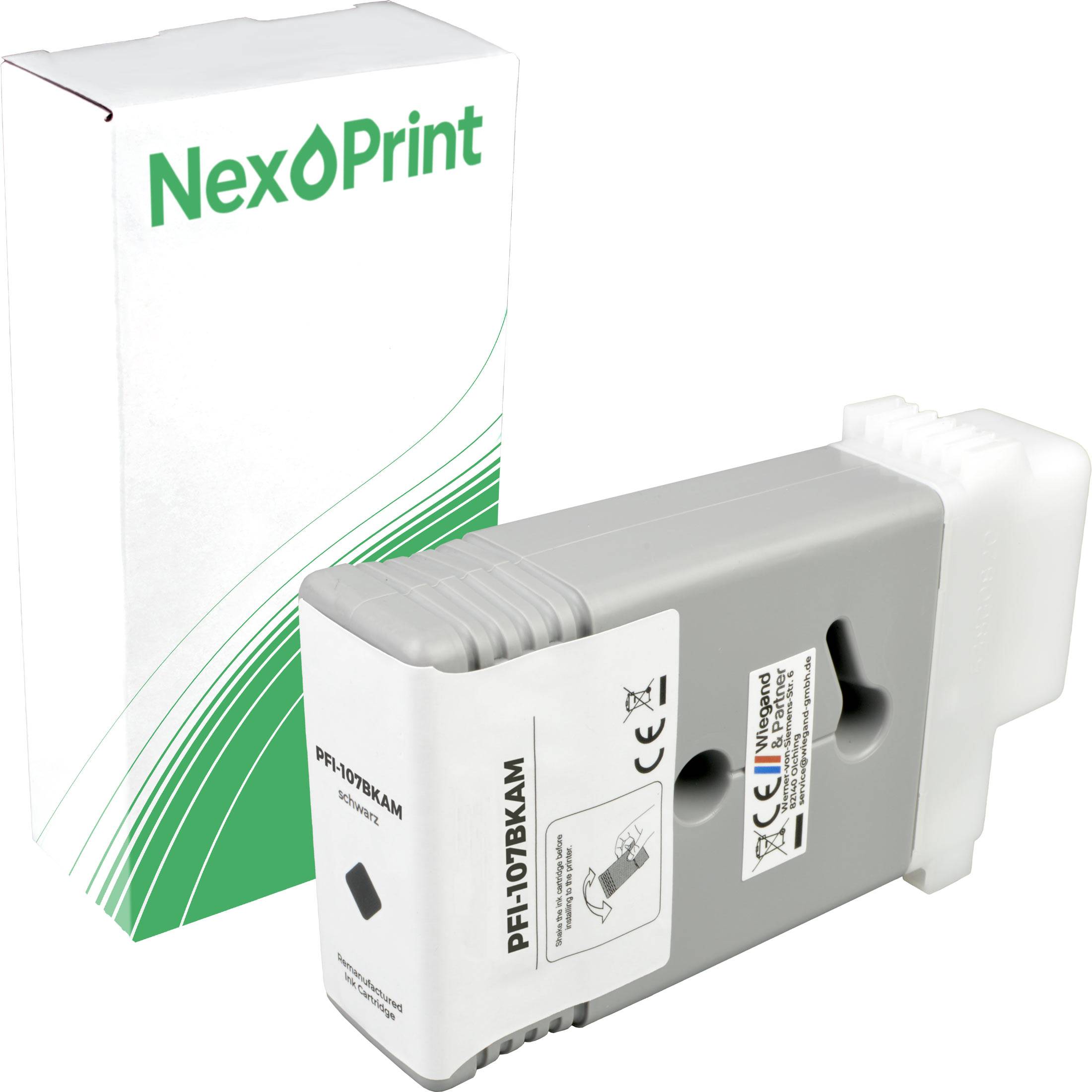 Eine Druckerpatrone der Marke 'NexoPrint' mit Verpackung im Hintergrund, die ein weiß-grünes Design aufweist.