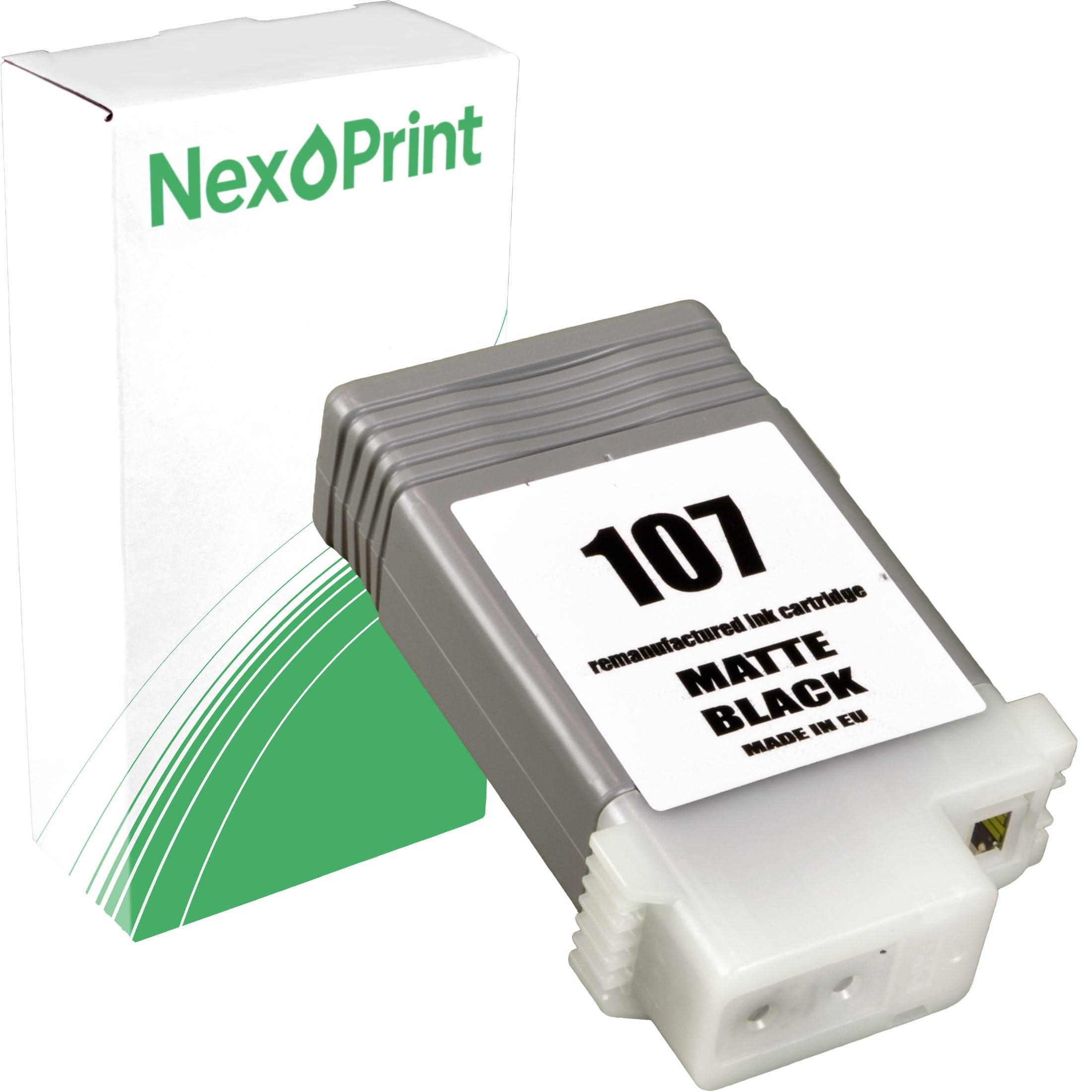 Ersatz-Tintenpatrone mit der Bezeichnung 107 in mattschwarz, neben einer NexPrint-Markenverpackung.