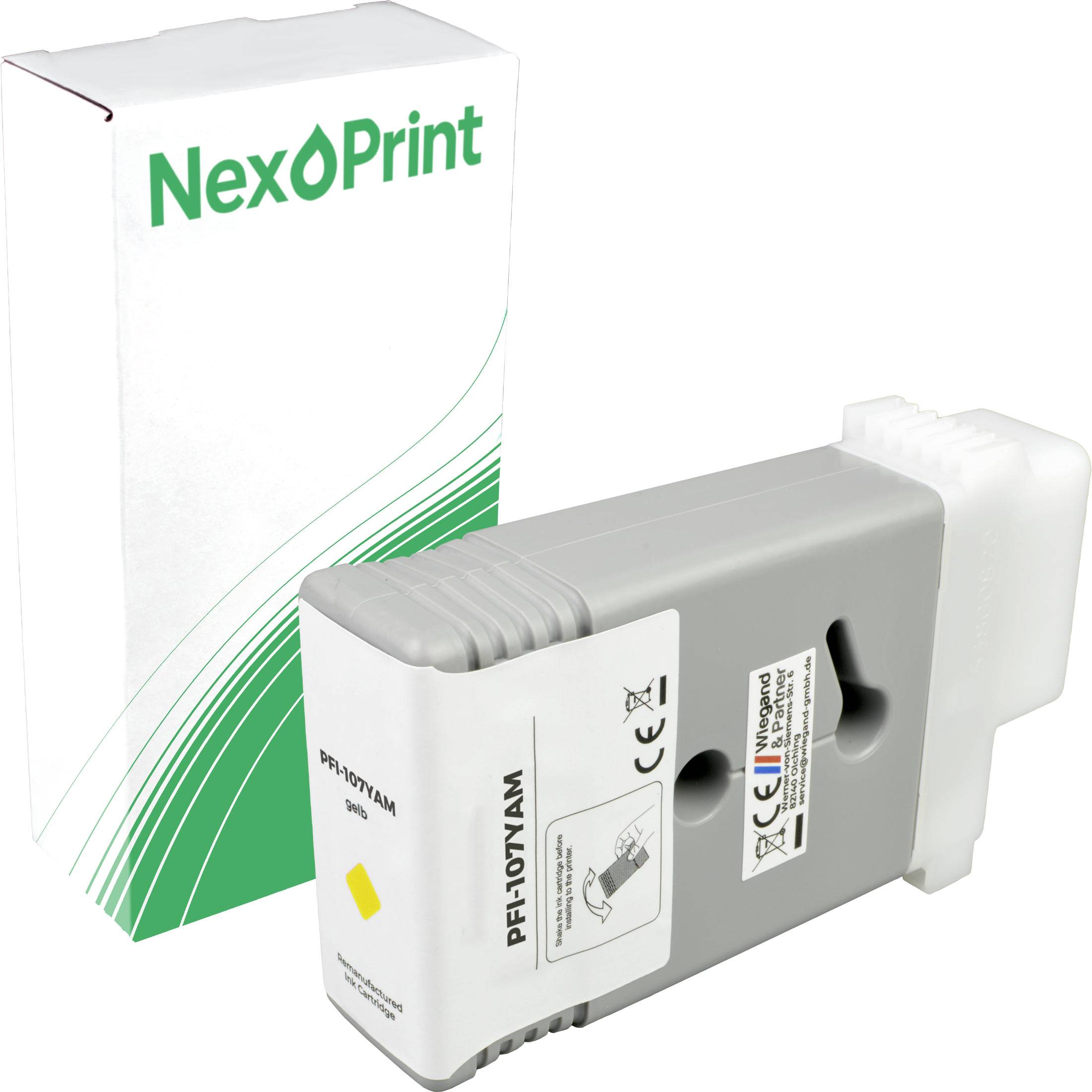 Druckerpatrone für die Marke NexPrint, Modell 'PF-101YAM', präsentiert neben seiner Verpackungsschachtel mit grün-weißem Design.