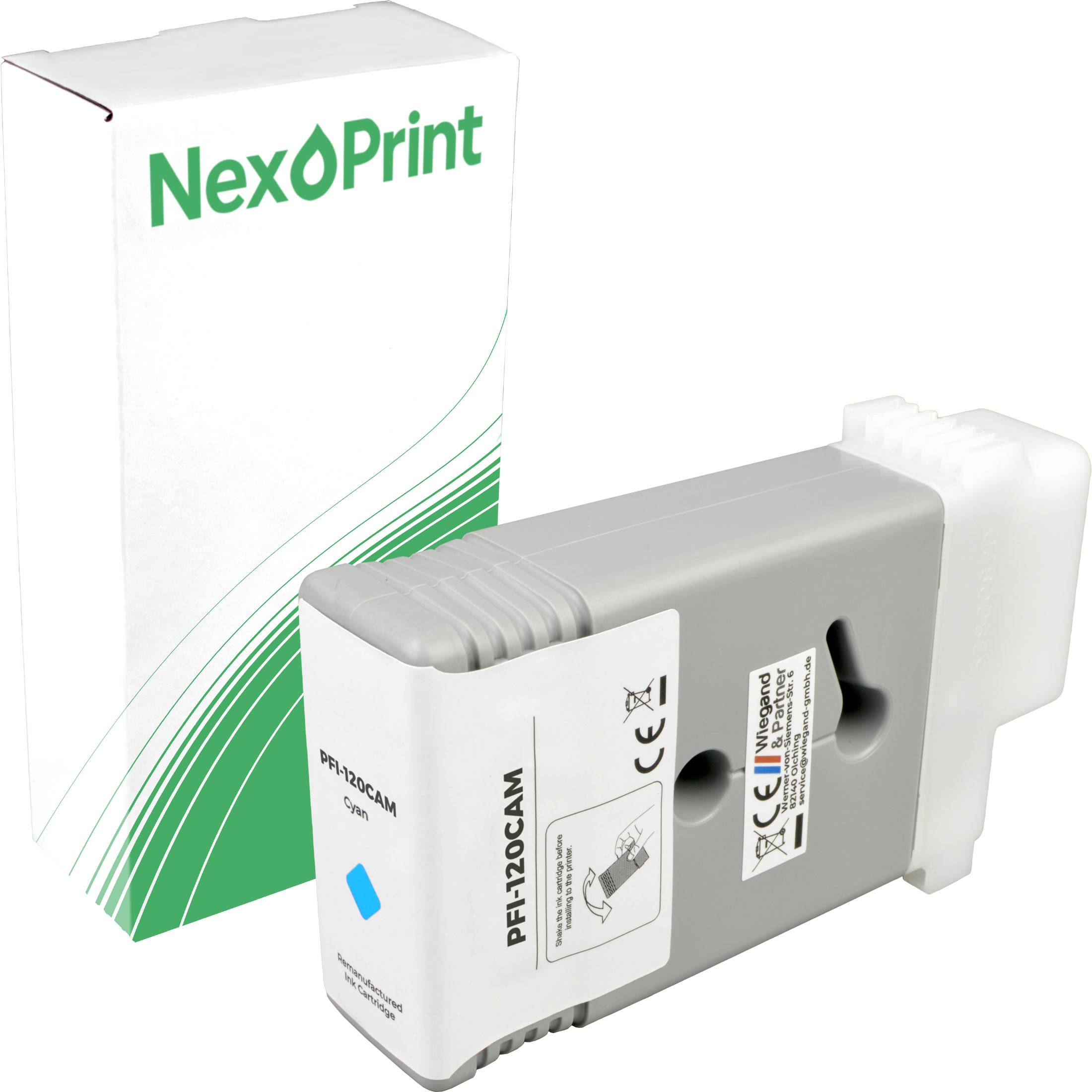 NexPrint' Tintenpatrone und Verpackung mit dem Modell PFI-120C. Die Schachtel und die Patrone werden präsentiert, wobei Markendesign und Farbe sichtbar sind.