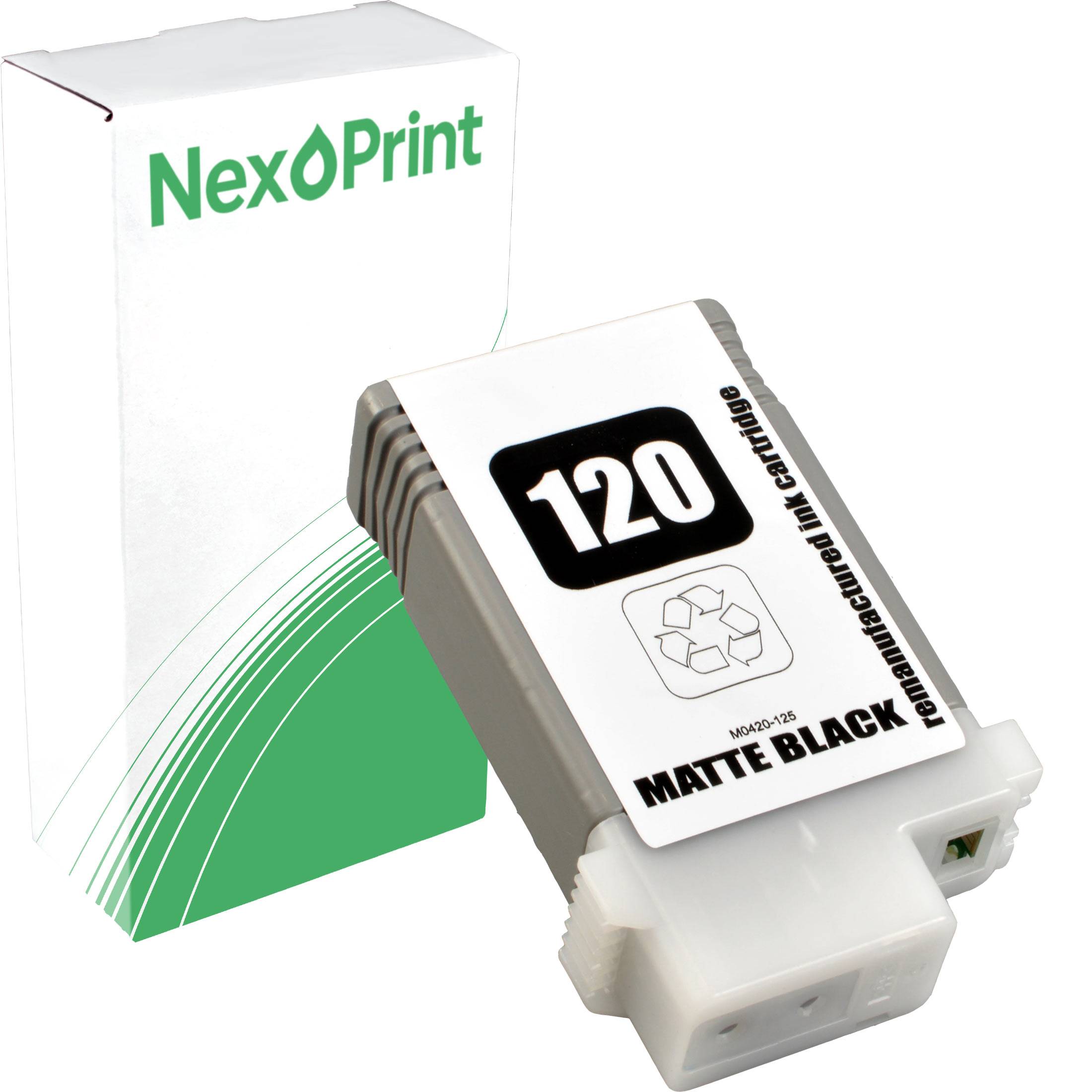 Wiederverwertbare Tintenkartusche mit NexPrint-Logo, beschriftet mit 120 Mattenschwarz, verpackt in einer weißen und grünen Schachtel.