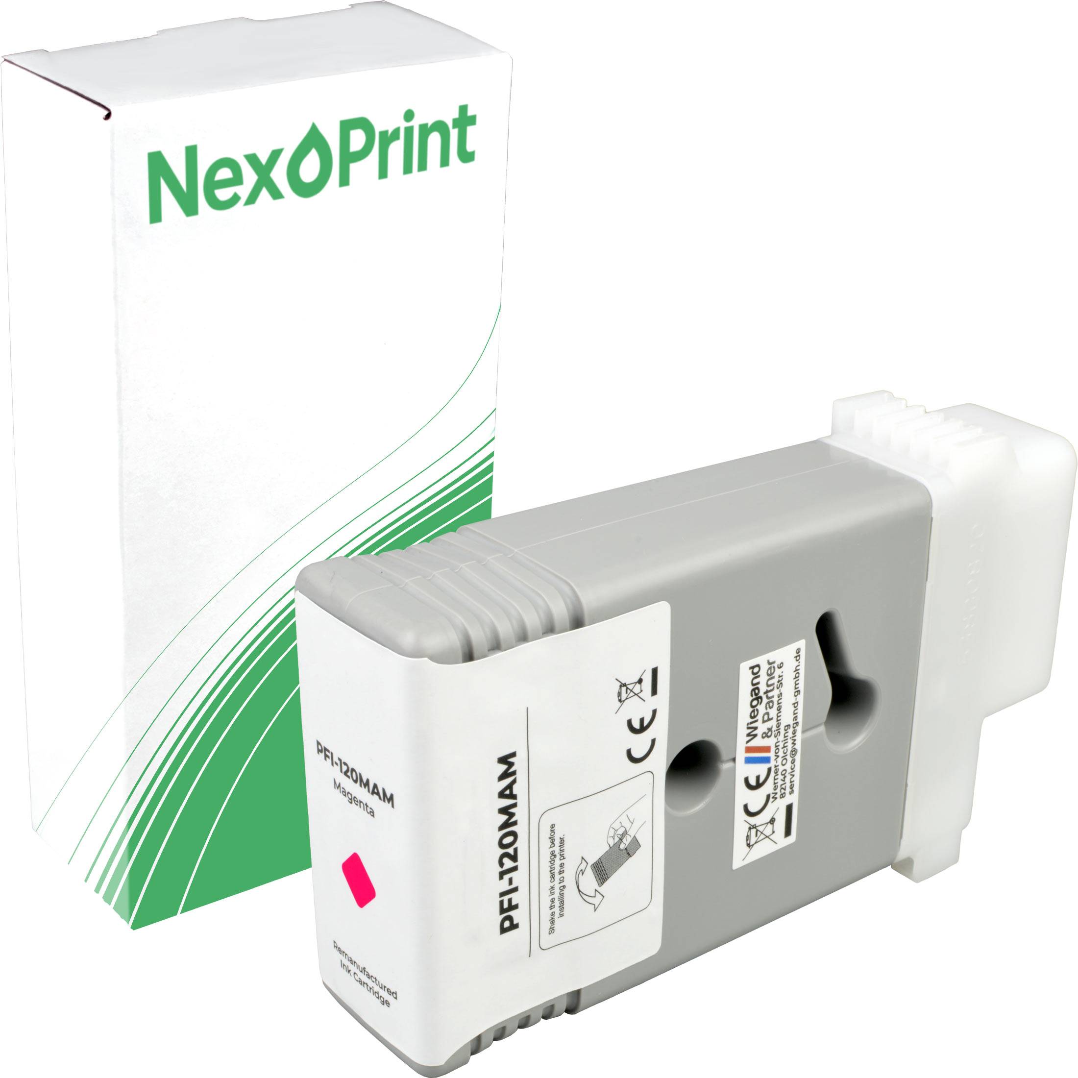 NexPrint' Marken-Druckerpatrone, Modell PF-120MAM, Magenta-Farbe, mit Verpackung präsentiert.