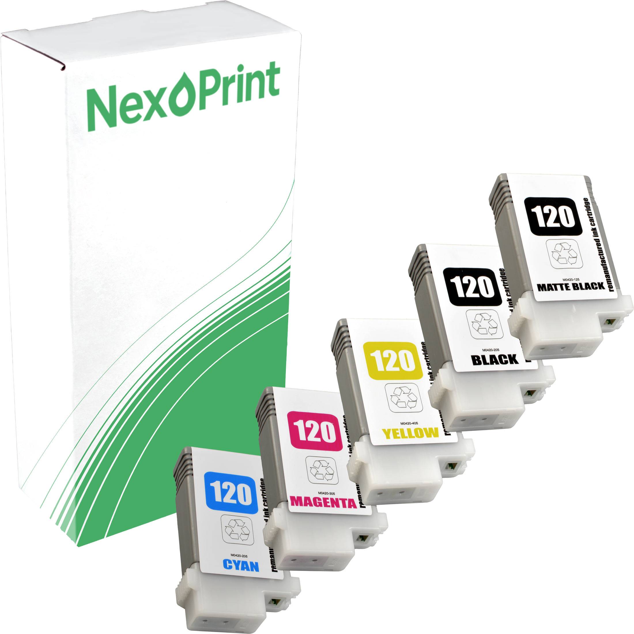 NexPrint' Tintenpatronenbox mit vier Patronen: Cyan, Magenta, Gelb und Schwarz, gekennzeichnet mit '120'.