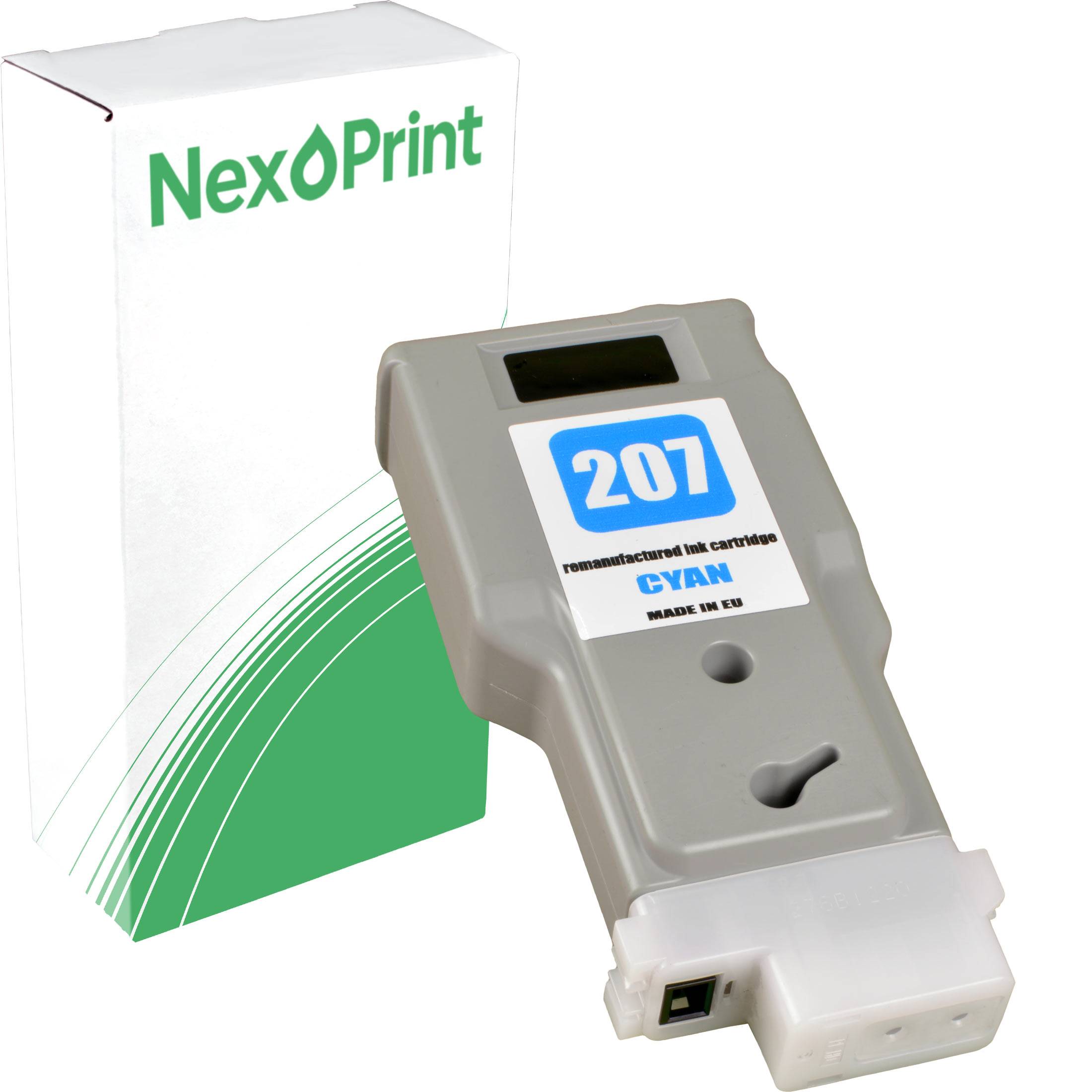 Tintenpatrone mit der Bezeichnung '207 nachgefüllte Patrone CYAN' mit Verpackung, auf der das Logo von 'NexPrint' in grünem und schwarzem Text abgebildet ist.