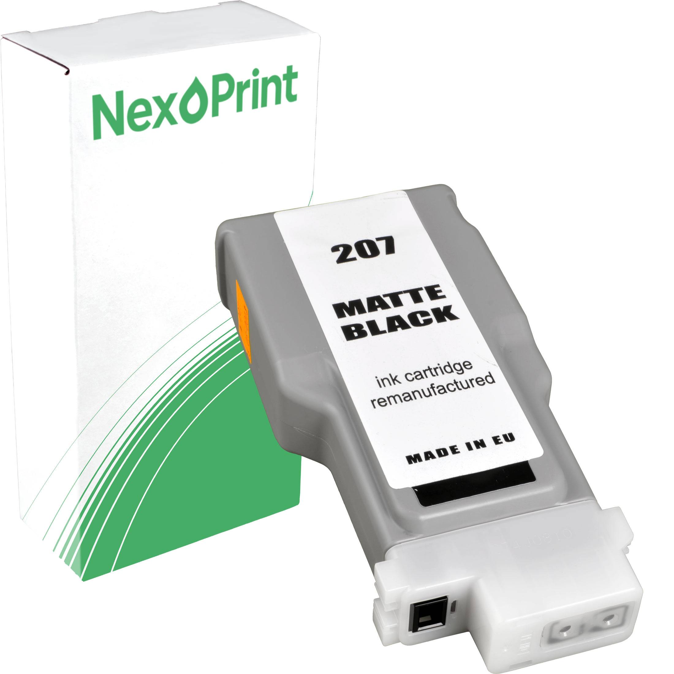 Eine Tintenpatrone mit der Bezeichnung '207 Matte Black, wiederbefüllte Tintenpatrone, Hergestellt in der EU' befindet sich im Vordergrund, mit Verpackung im Hintergrund.