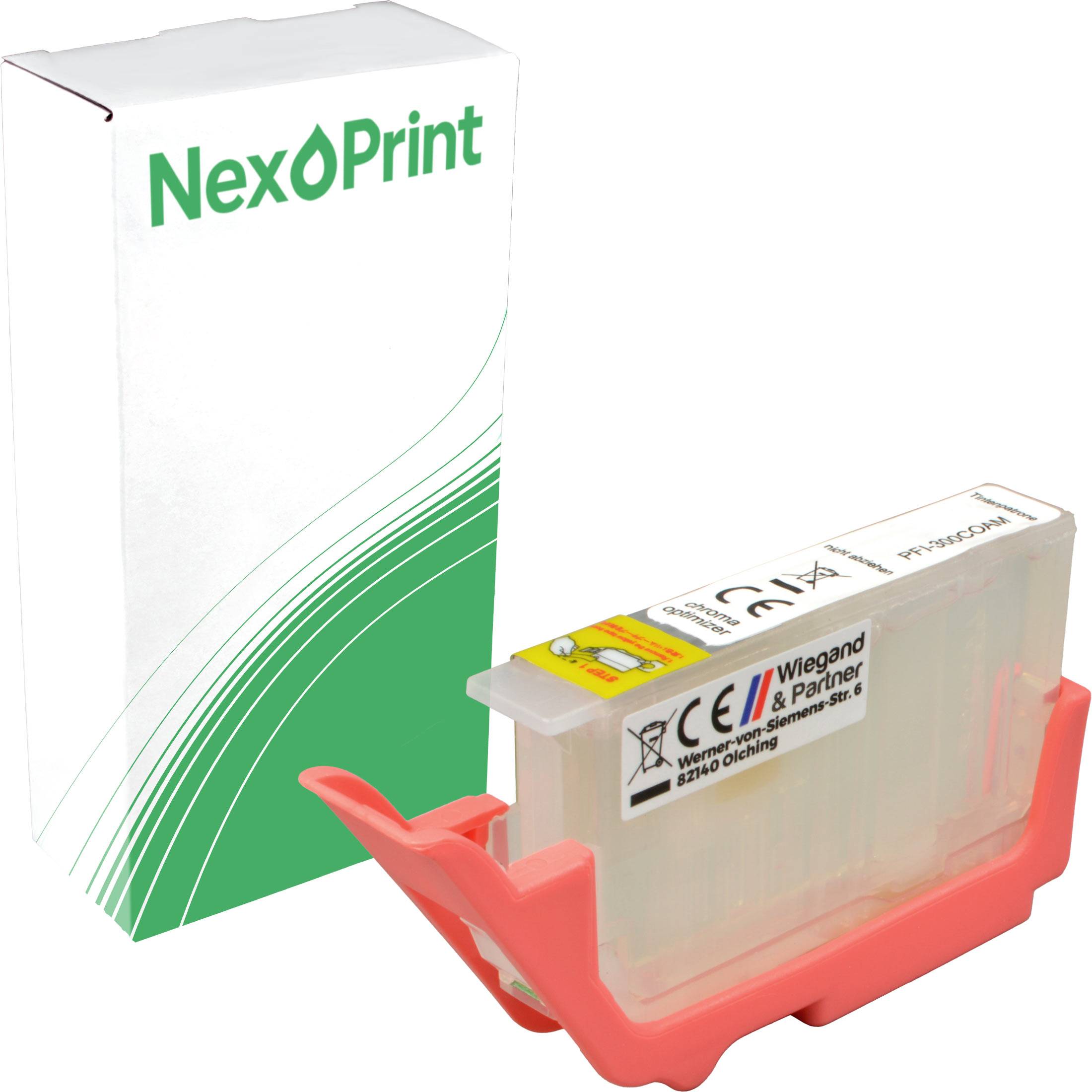 Eine Druckerpatrone in einem roten Halter, daneben eine Schachtel mit der Aufschrift 