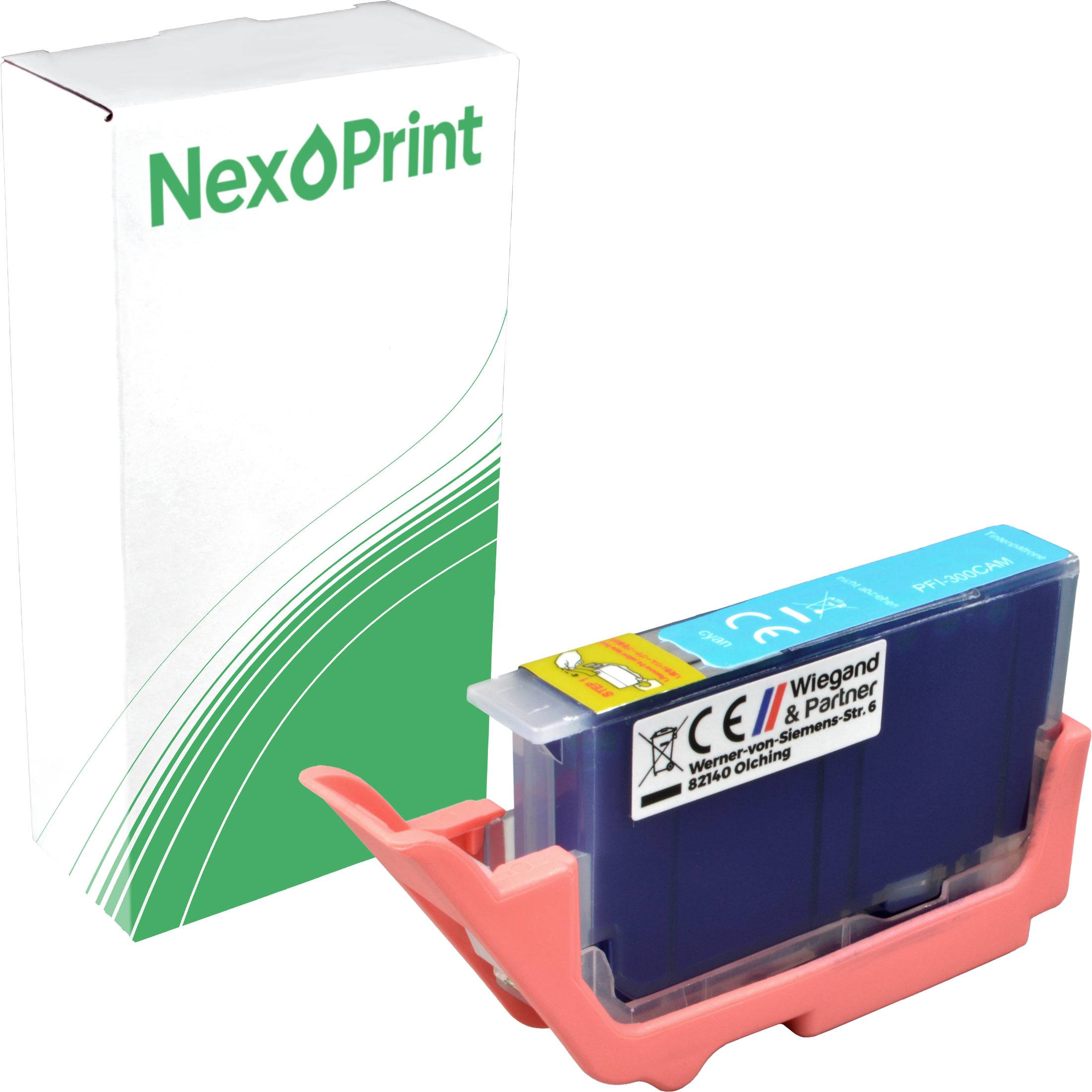 Tintenpatrone von NexPrint, mit Verpackungskarton im Hintergrund.