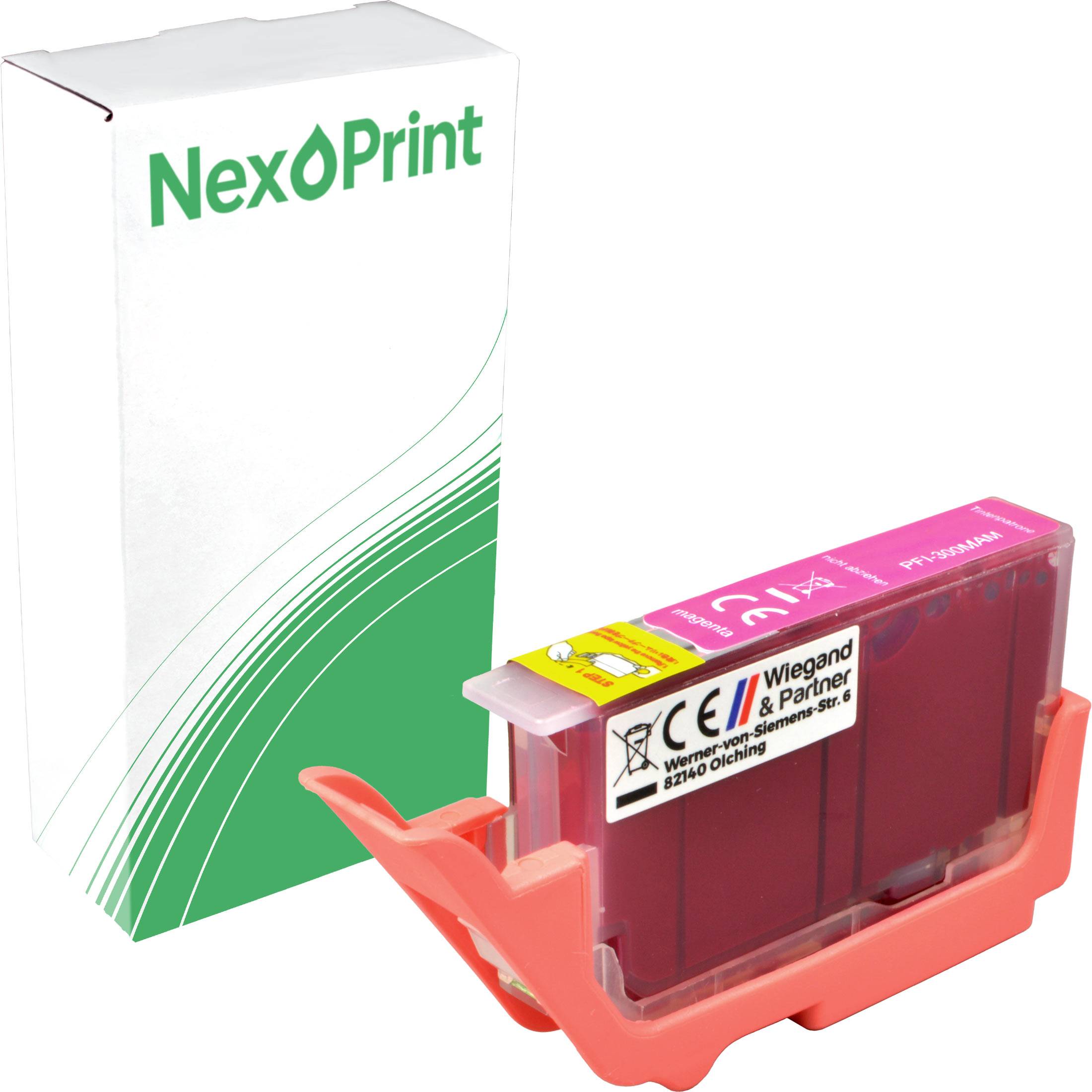 Eine Verpackung der Marke 'NexPrint' mit einer magentafarbenen Tintenpatrone daneben.