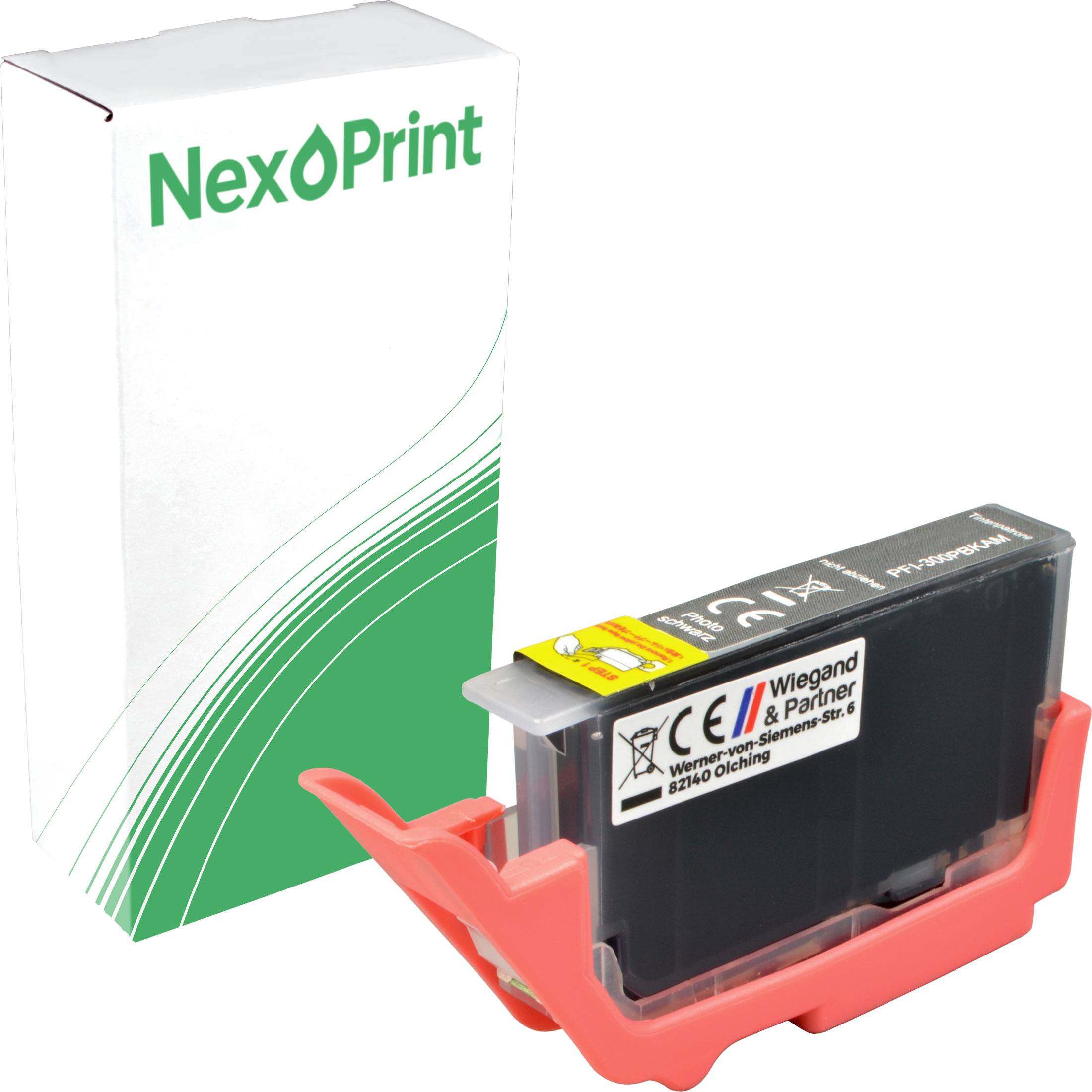 Eine schwarze Tintenpatrone steht vor einer weißen Box mit der Aufschrift 'NexPrint', die grüne Akzente aufweist.