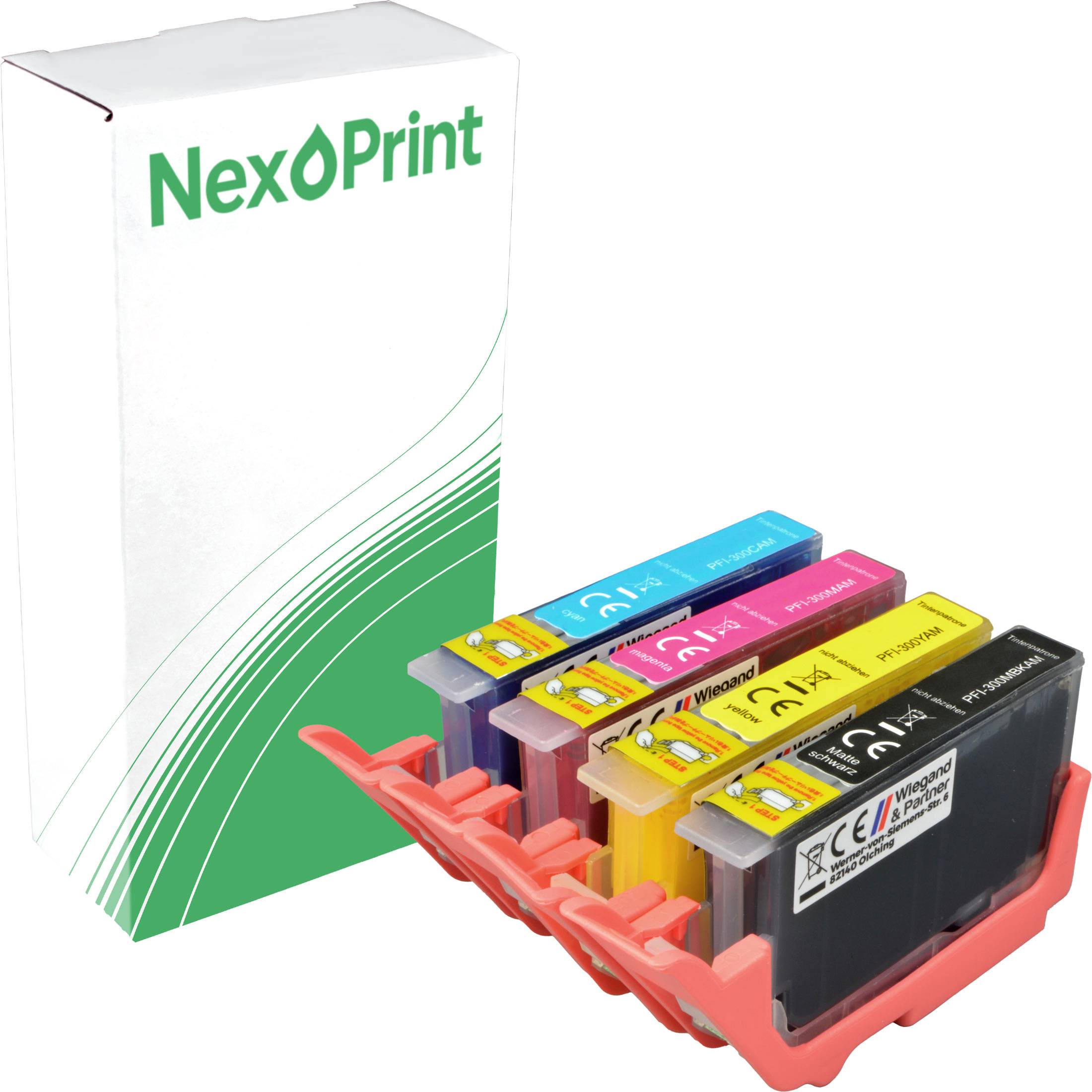 Packung mit NexPrint-Tintenpatronen in Cyan, Magenta, Gelb und Schwarz, in einem transparenten Halter platziert, neben einer NexPrint-Markenverpackung.
