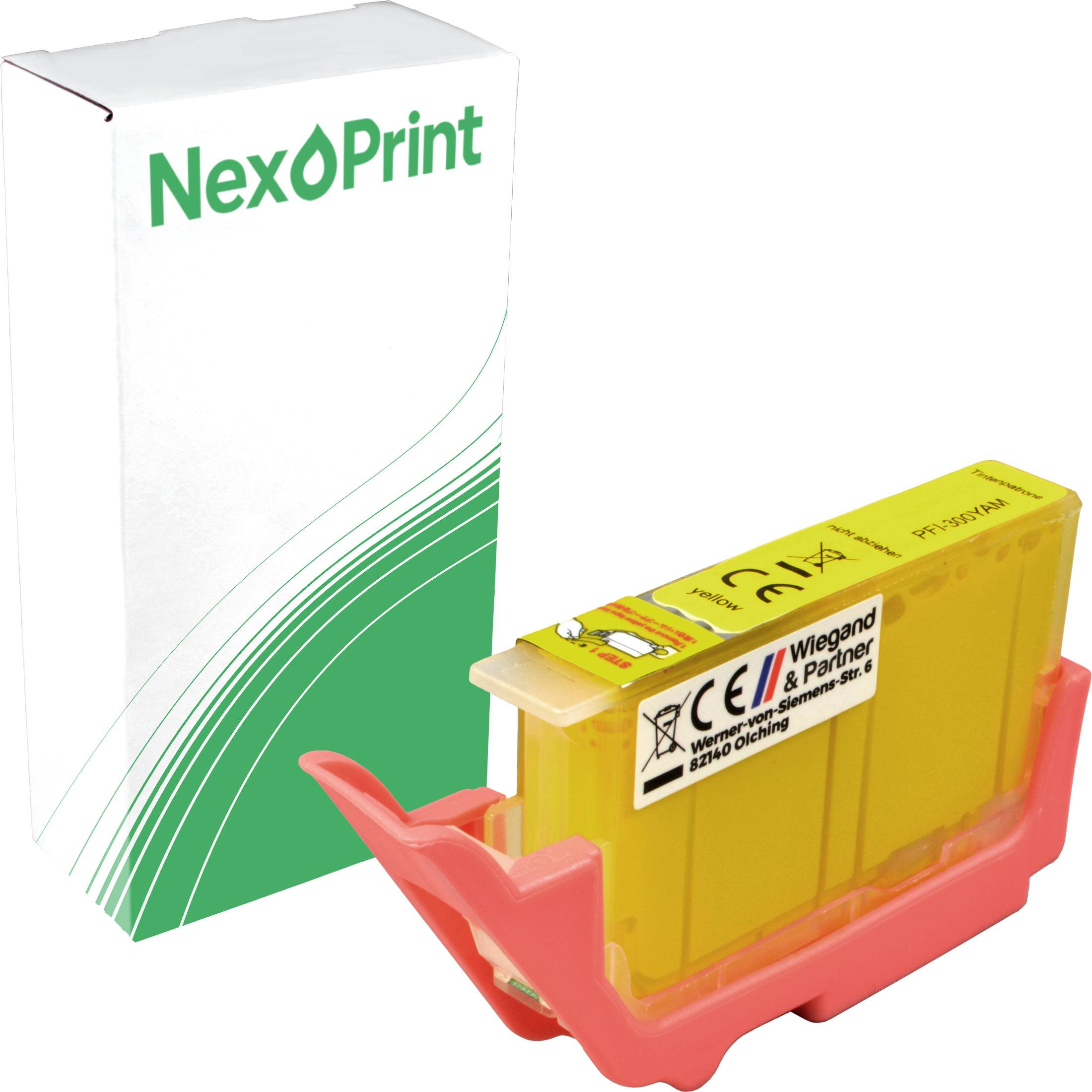 Eine gelbe Druckerpatrone mit dem Etikett 'NexPrint' neben ihrer Verpackung. Schachtel und Patrone haben sichtbare Sicherheits- und Verwendungssymbole.