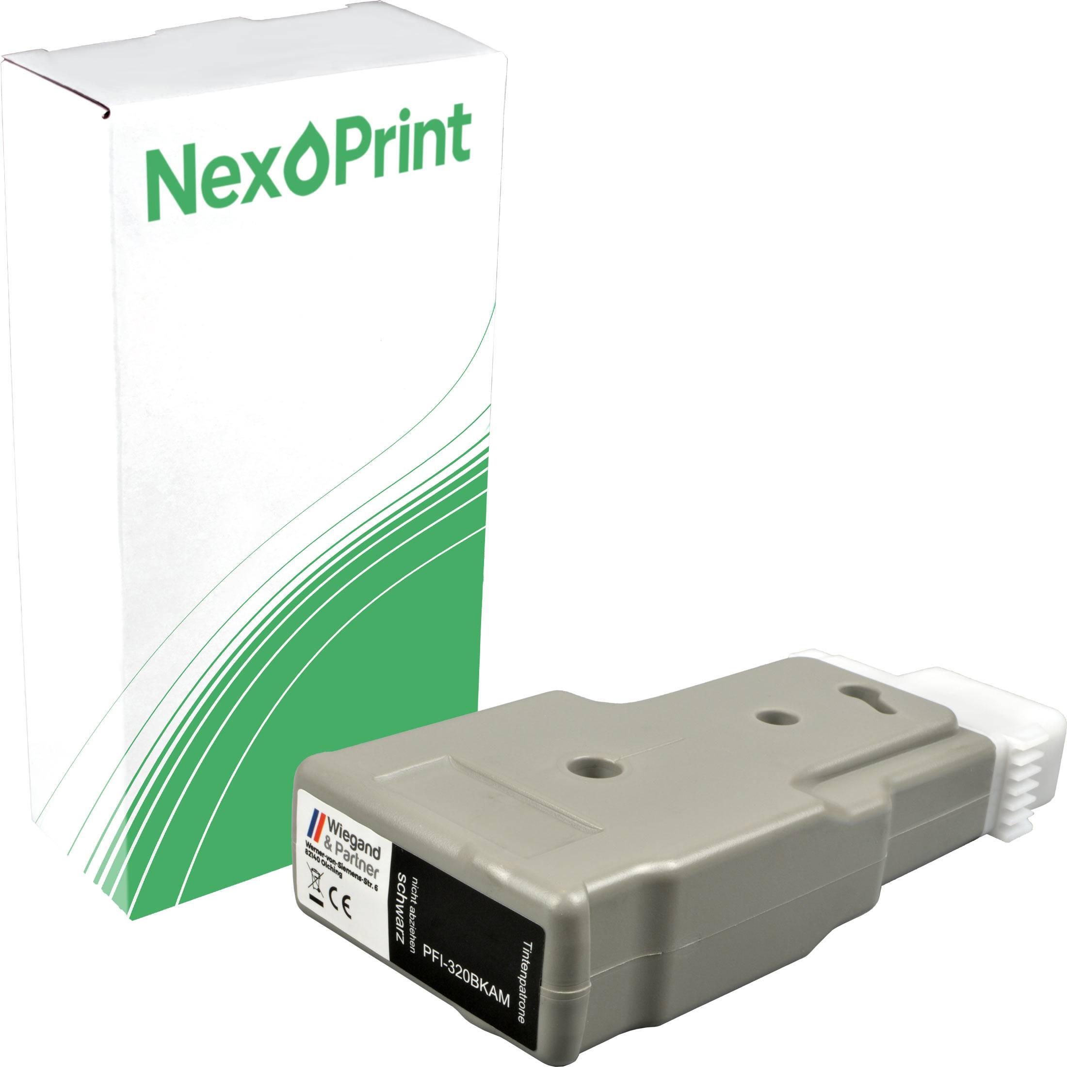 Kartuschenschachtel von 'NexPrint' und eine graue Tintenpatrone mit der Aufschrift 'PFI-320BKAM'.