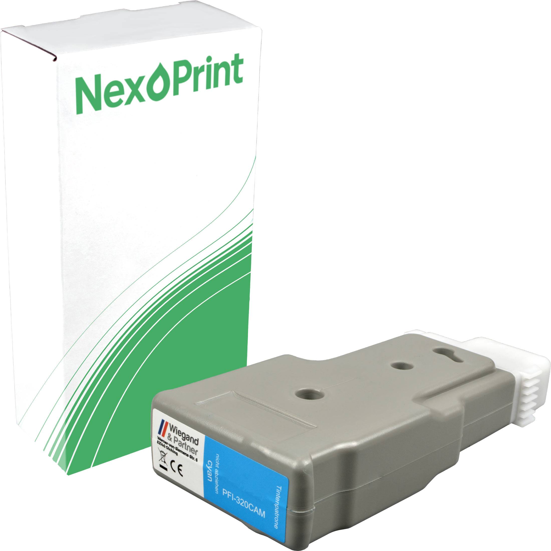 Verpackungskarton der Marke 'NexPrint' mit der daneben liegenden Druckerpatrone. Der Karton ist weiß mit grünem und schwarzem Text, die Patrone ist grau.