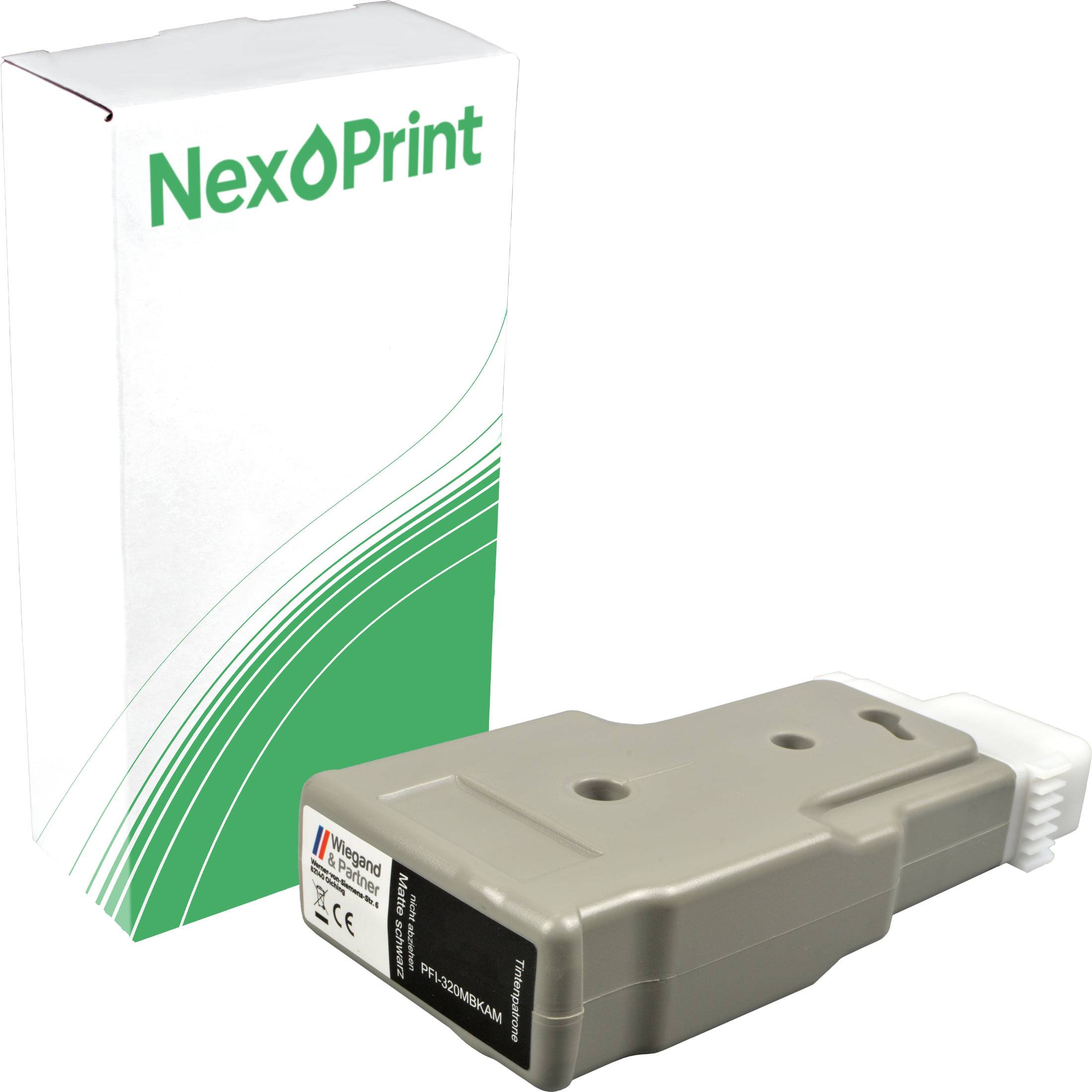 Eine braune Tintenpatrone befindet sich vor einer Schachtel mit dem Markennamen 