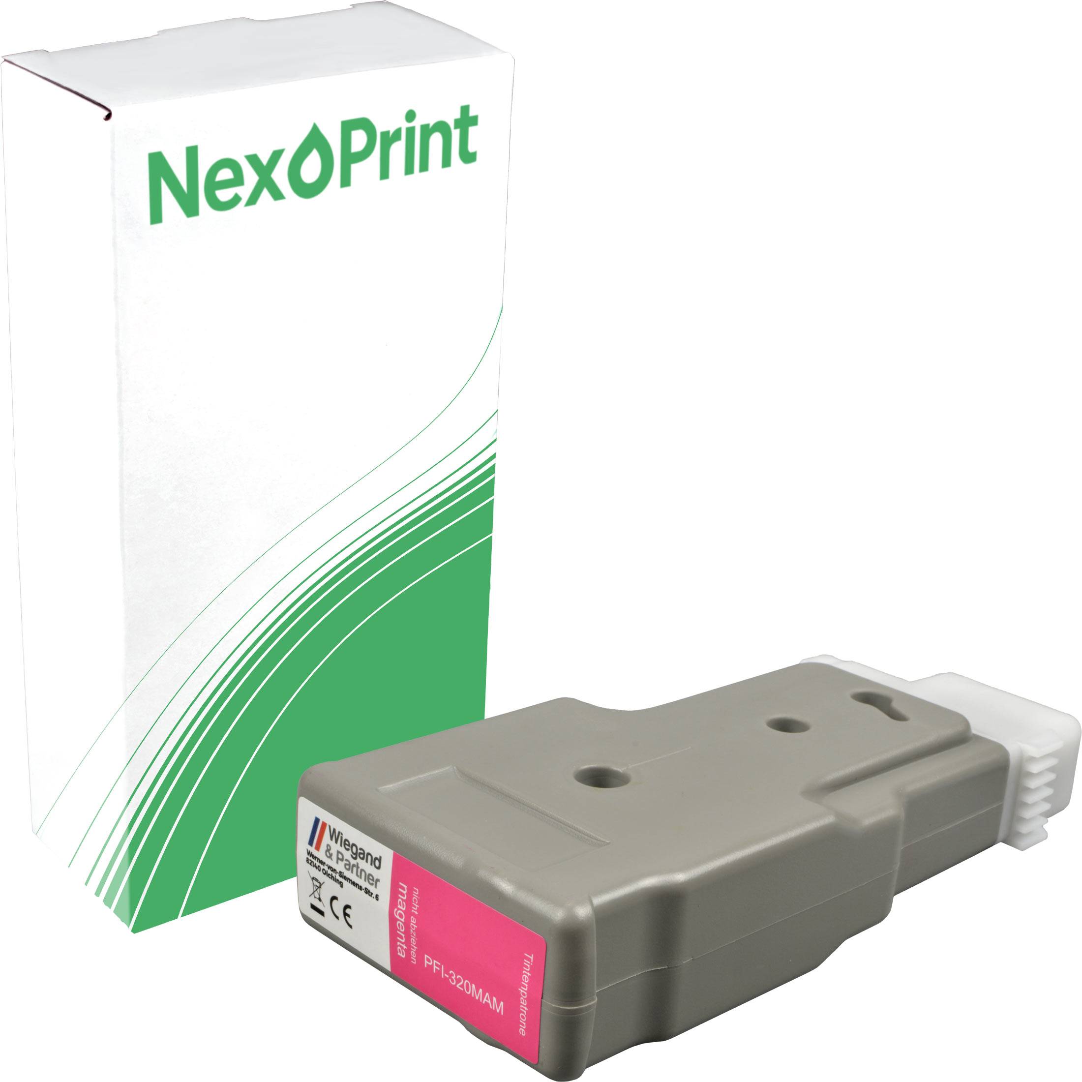 Eine 'NexPrint' Druckerpatrone in ihrer Verpackungsbox neben einer Tintenpatrone mit der Beschriftung 'Magenta'.