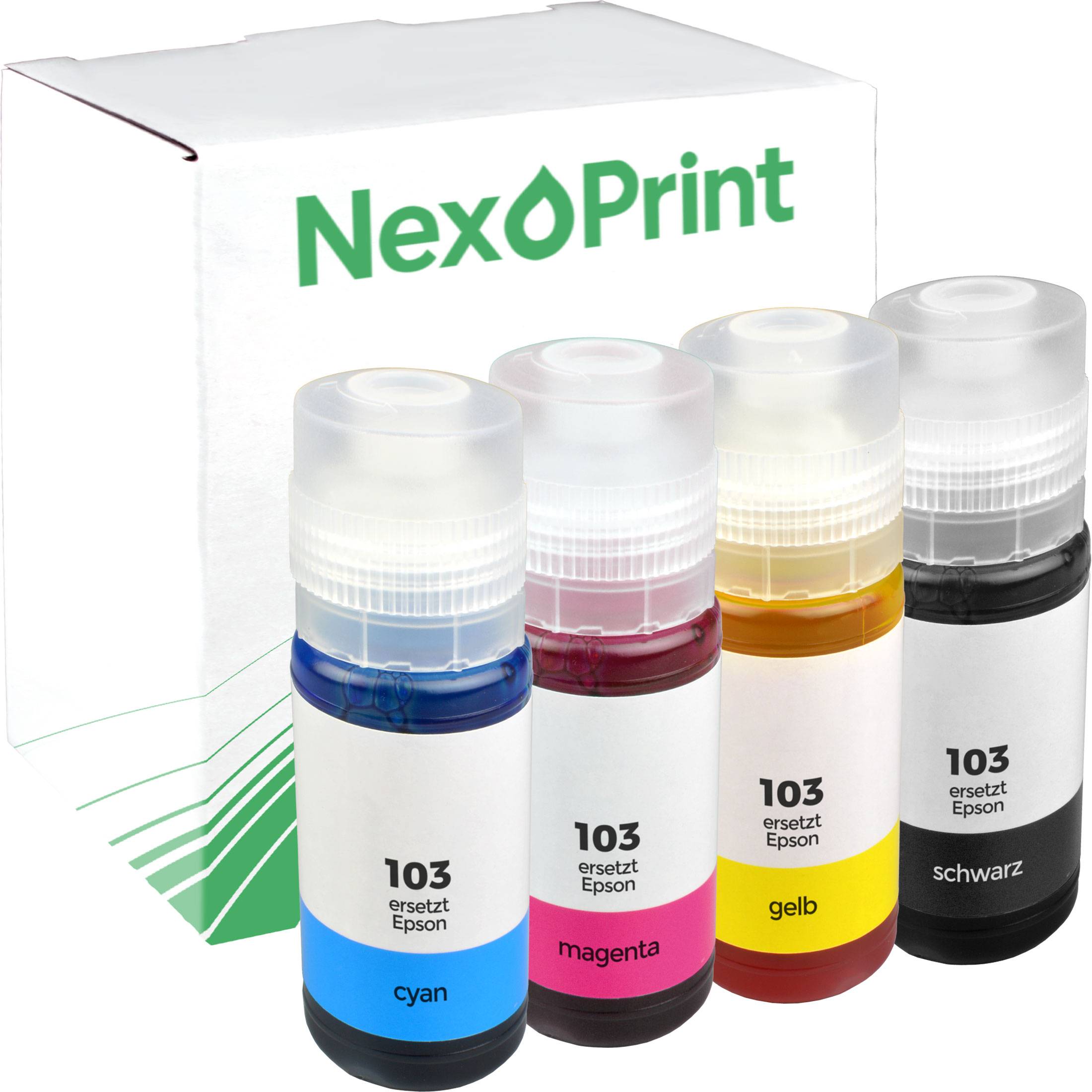 Vier Tintenfläschchen mit der Beschriftung 103 für Epson-Drucker in Cyan, Magenta, Gelb und Schwarz. Der Hintergrund zeigt eine NexPrint-Markenschachtel.