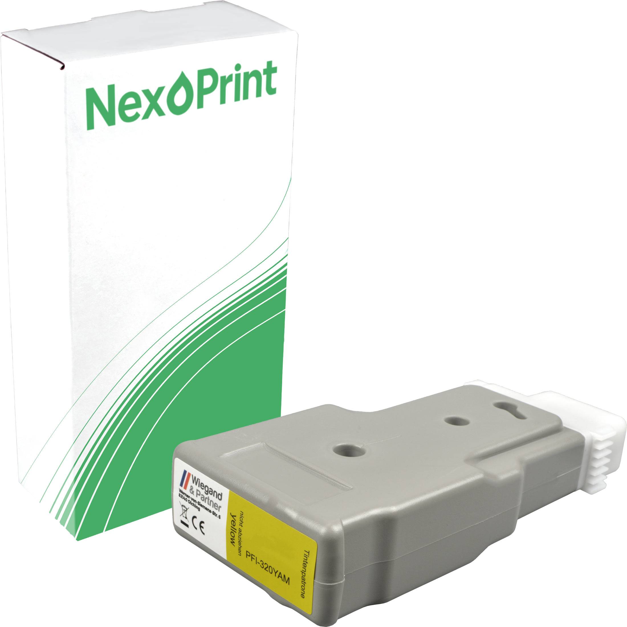 NexPrint'-Karton mit einer grauen Druckerpatrone daneben, mit CE-Kennzeichnung und gelber Etikette, die ein kompatibles Druckprodukt präsentiert.