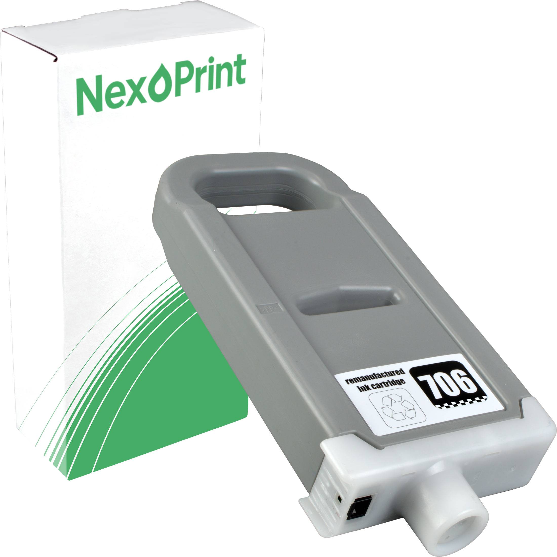 Grauer Tintenpatrone vor einer weißen NexPrint-Verpackung, mit der Beschriftung '706' und Recycling-Informationen.