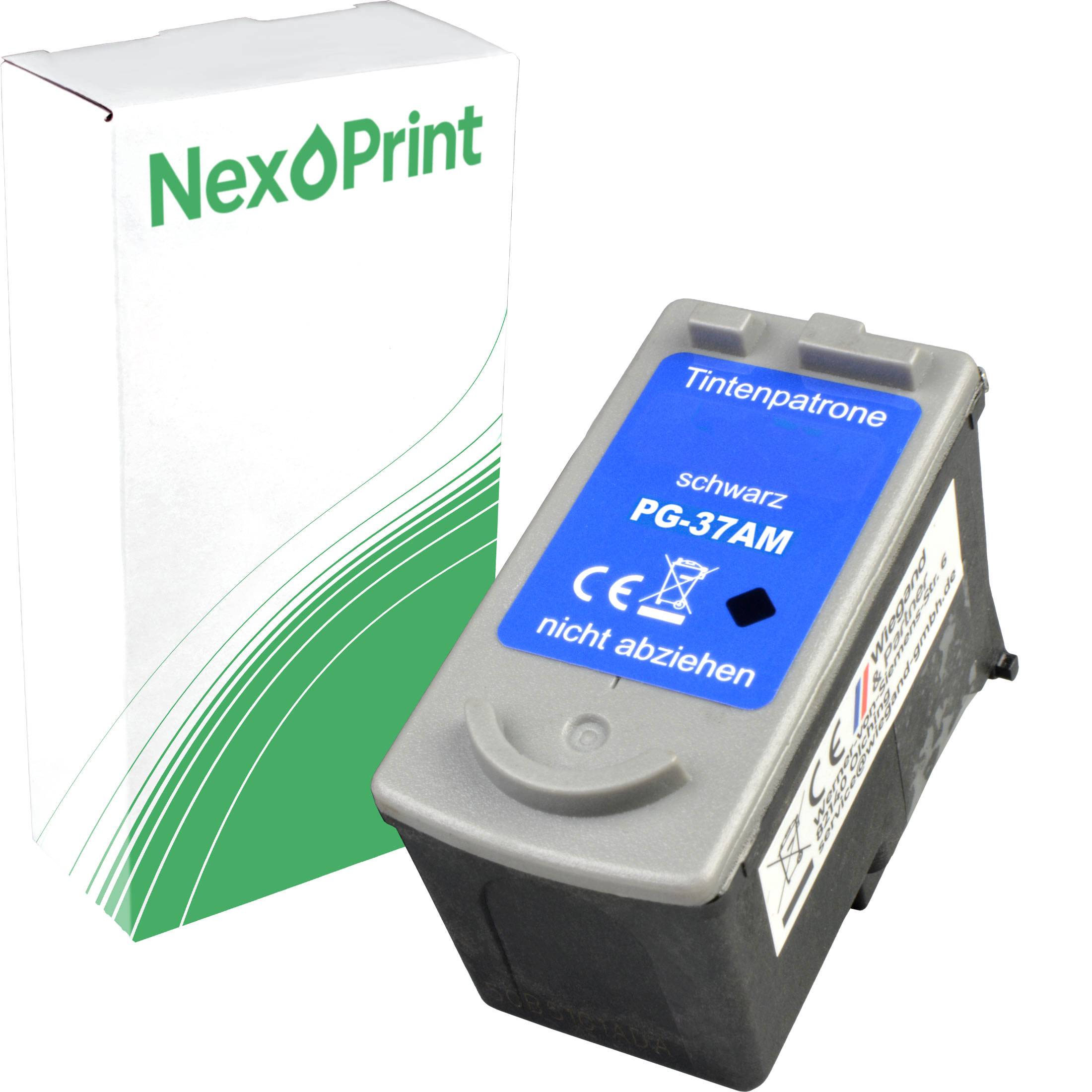 NexPrint' Druckerpatronen-Verpackung und schwarze Druckerpatrone mit Bezeichnung 'PG-37AM' mit Anweisungen in Deutsch.