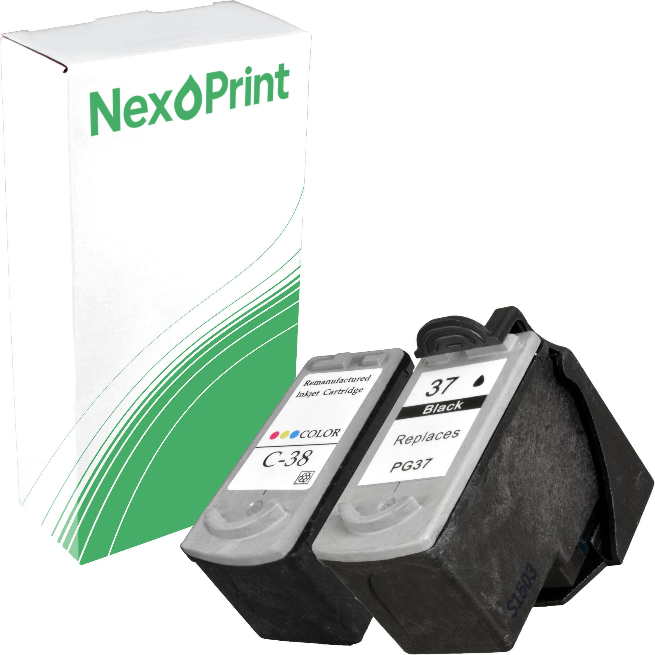 Zwei Druckerpatronen, eine mit der Aufschrift 'C-38' für Farbe und eine andere mit '37' für Schwarz, werden vor einer NexPrint-Verpackung gezeigt.