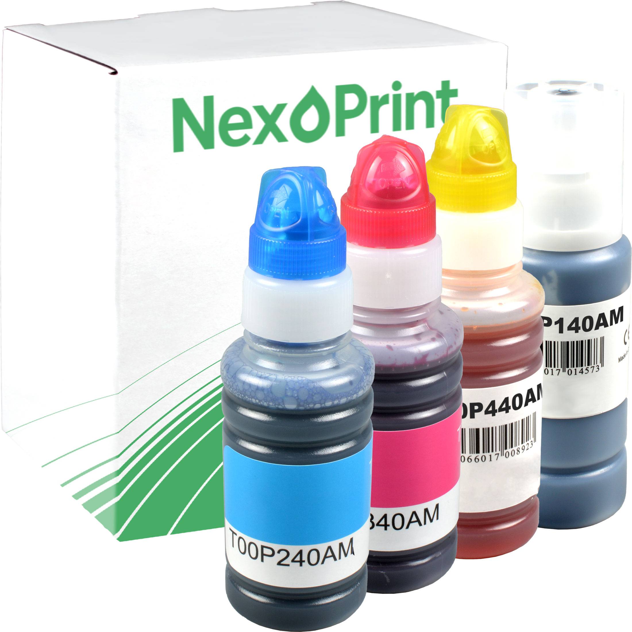 NexPrint' Tintenfläschchen in Cyan, Magenta, Gelb und Schwarz werden vor einer weißen Box mit dem 'NexPrint'-Logo präsentiert.