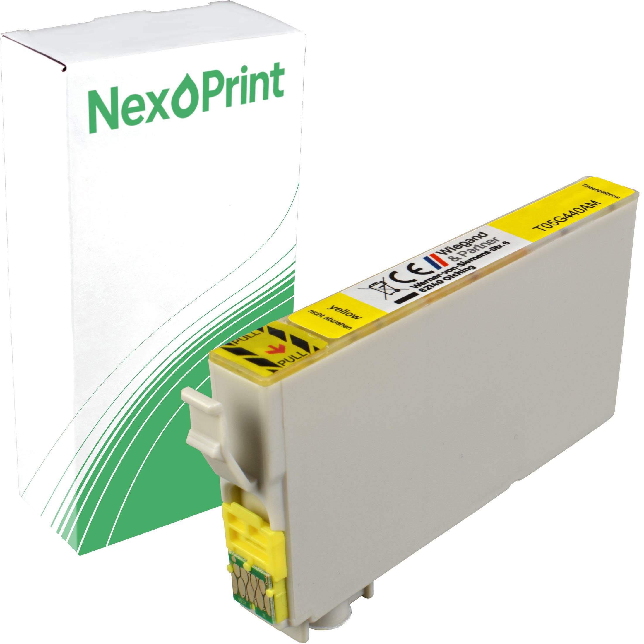 NexPrint Druckerpatrone in gelber Farbe, mit Verpackung gezeigt.