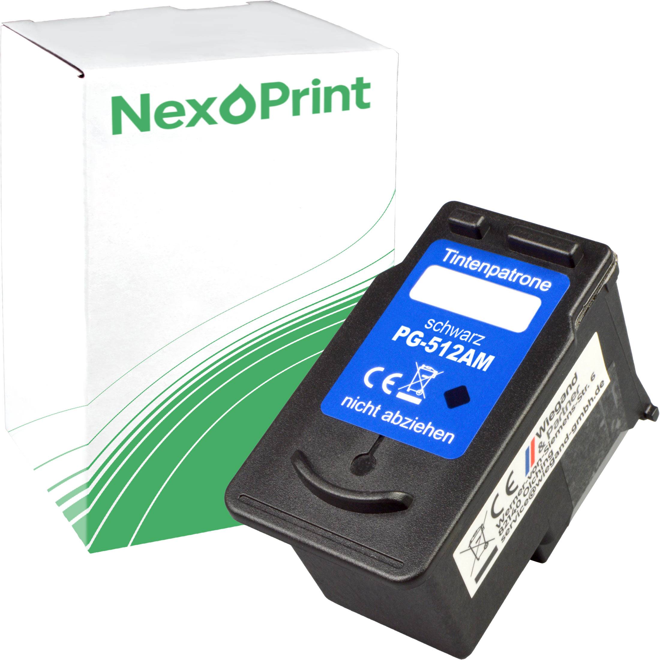 Tintenpatrone neben NexPrint-Karton. Etikett zeigt: Tintenpatrone schwarz PG-512AM. Symbole deuten auf Nicht-Entfernbarkeit und Nicht-Recycelbarkeit hin.