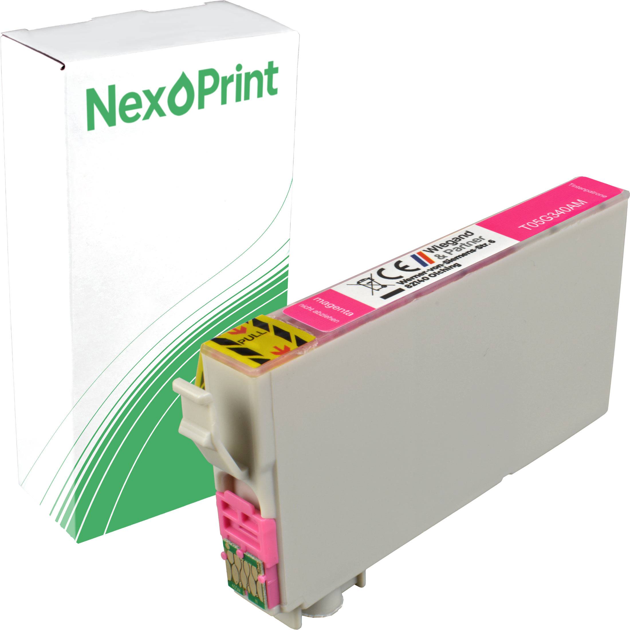 Eine Tintenpatronenschachtel mit der Aufschrift 'NexPrint' mit einer magentafarbenen Tintenpatrone daneben.