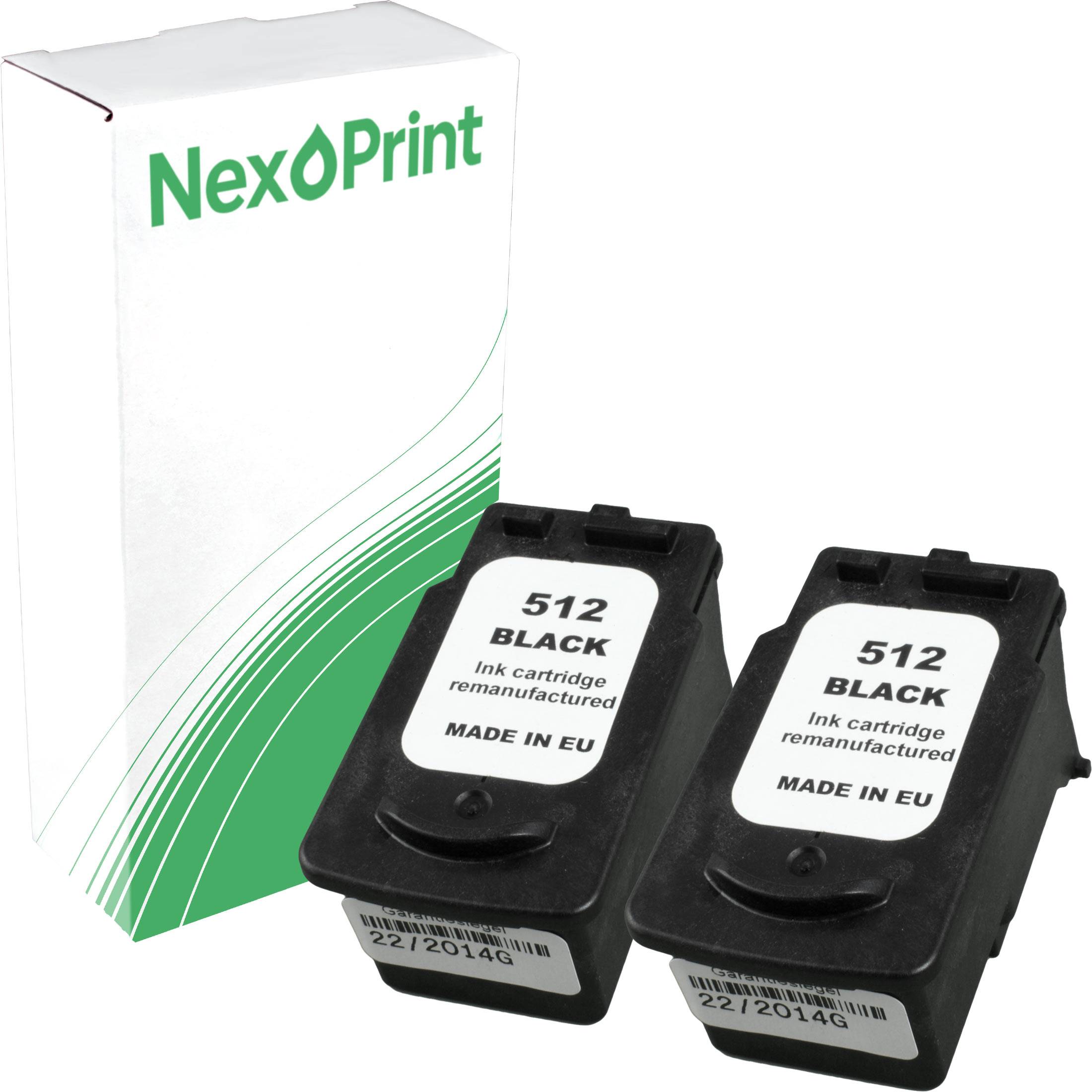 NexoPrint' Markenkarton mit zwei schwarzen Tintenpatronen, beschriftet mit '512 SCHWARZ, Tintenpatrone remanufakturiert, HERGESTELLT IN EU'.