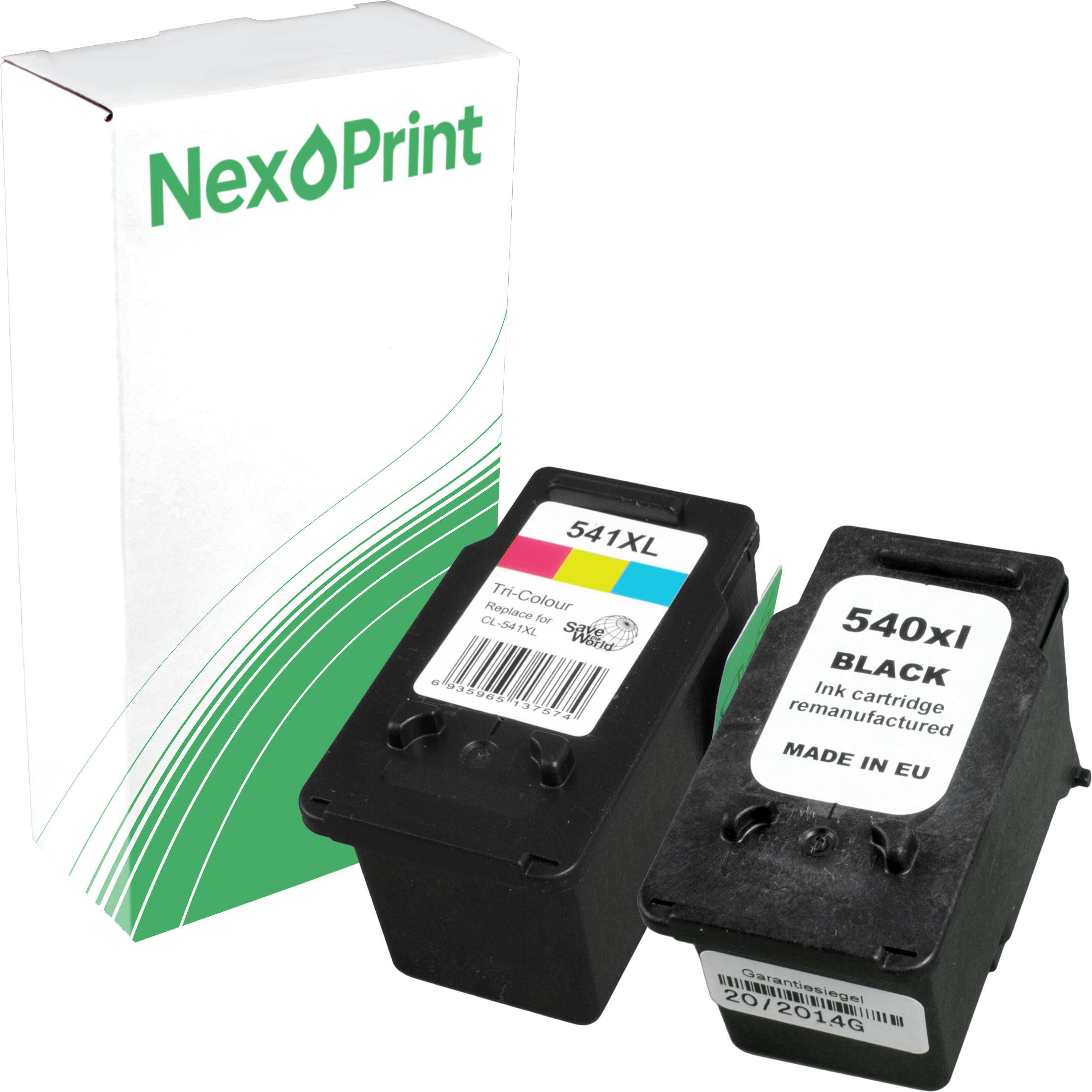 NexPrint' Verpackung mit zwei Tintenpatronen: Farbpatrone '541XL' mit den Farben Cyan, Magenta, Gelb sowie schwarze Patrone '540XL'.