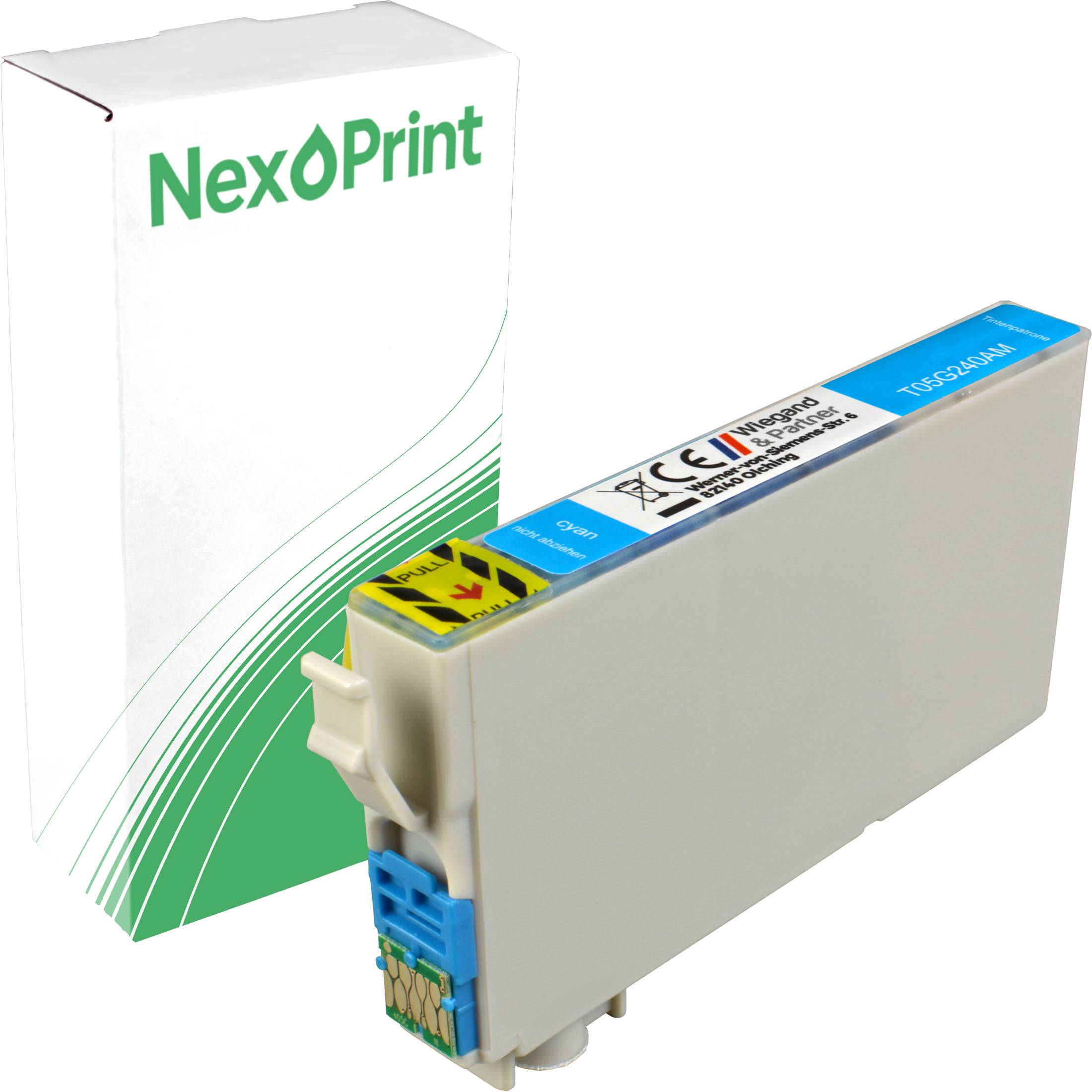 Eine NexPrint-Tintenpatronenbox wird gezeigt, zusammen mit einer kompatiblen Tintenpatrone davor. Die Patrone ist mit 'T0552' beschriftet und ist von Cyan-Farbe.