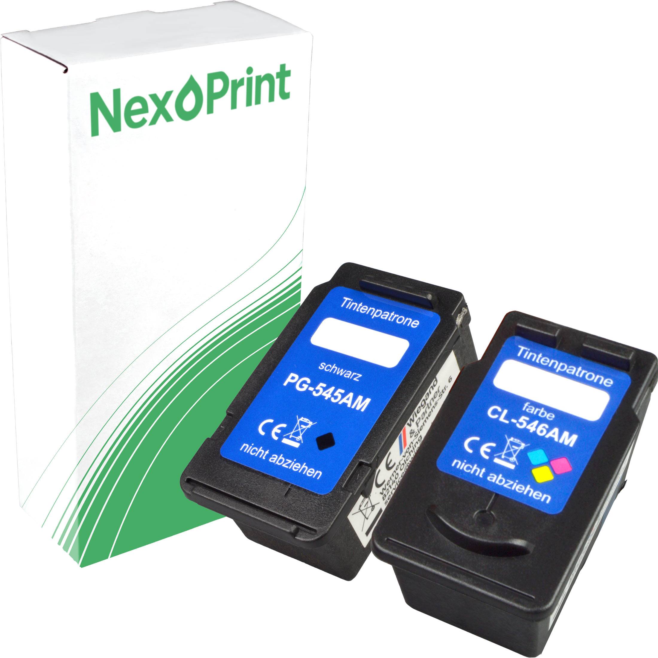 Zwei Tintenpatronen mit den Etiketten PG-545AM schwarz und CL-546AM Farbe neben einer NexPrint-Box.
