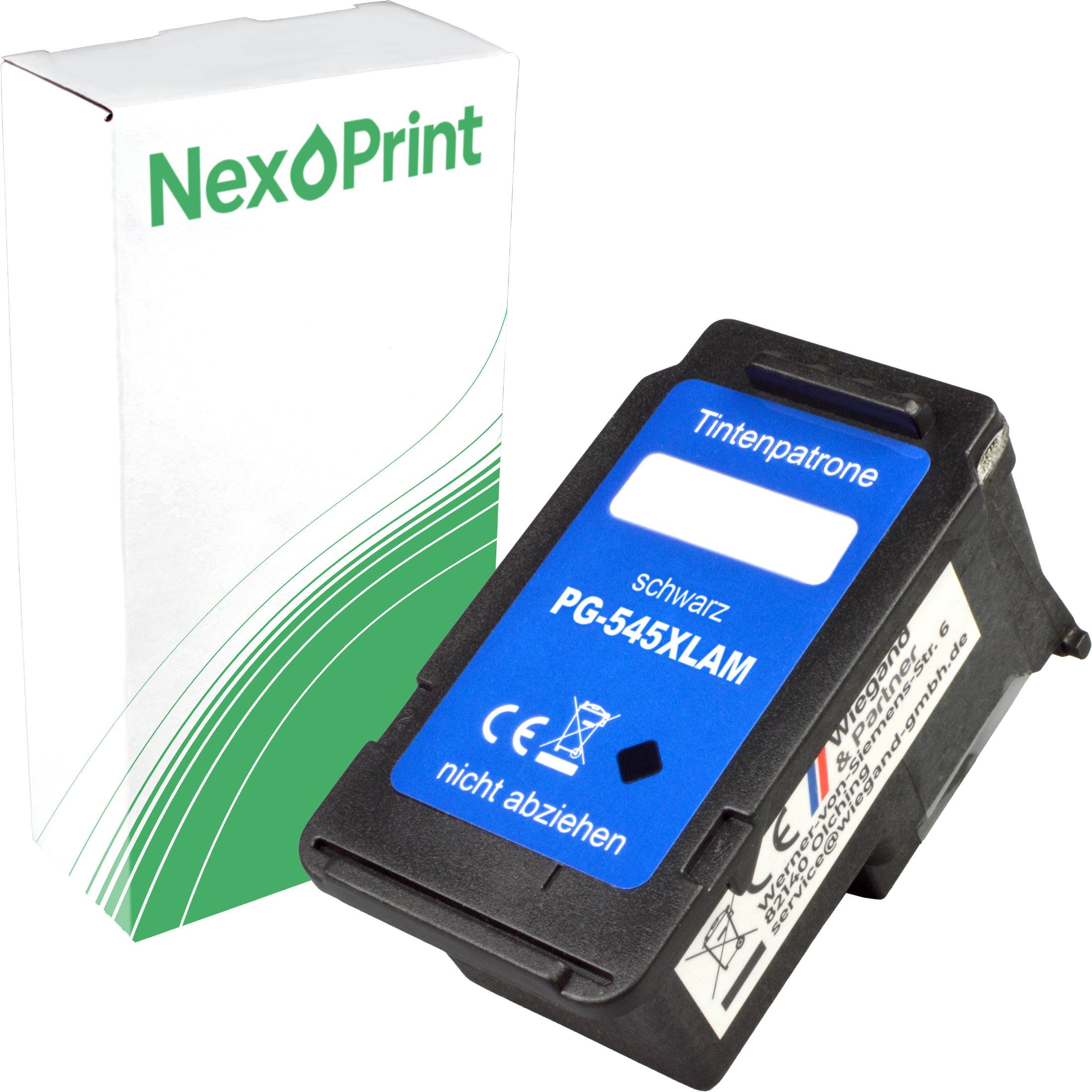 Schwarze Tintenpatrone PG-545XLAM neben weißer NexPrint-Box mit grünen Akzenten.