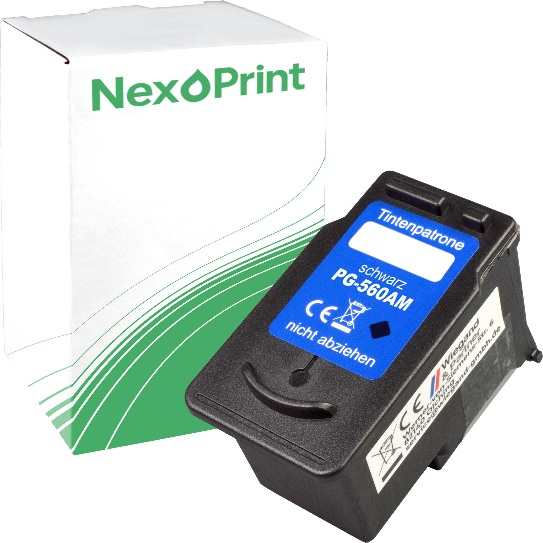 Eine schwarze Tintenpatrone mit der Aufschrift 'NexPrint PG-560AM' vor einem weiß-grünen Karton mit der Beschriftung 'NexPrint' im Hintergrund.