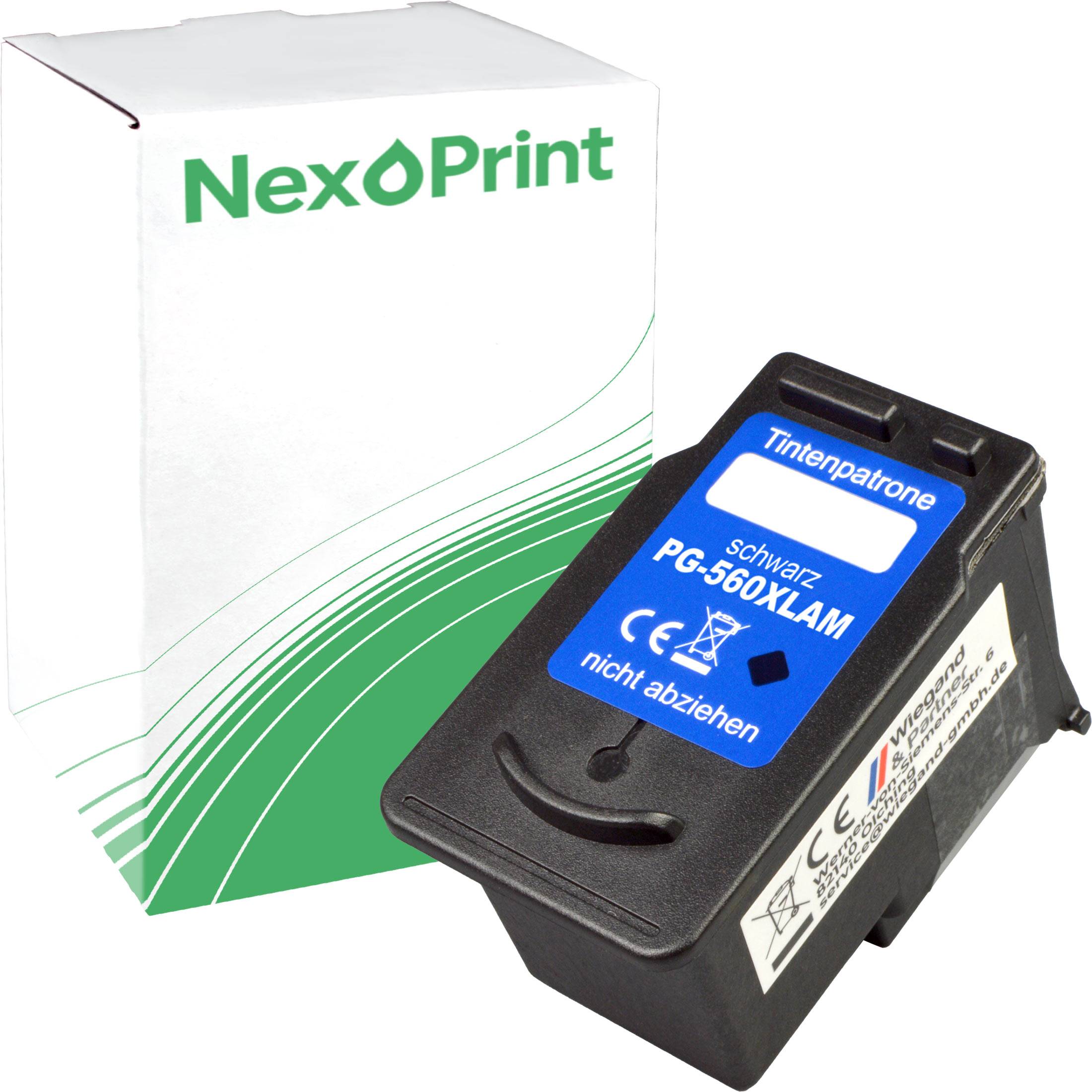 NexPrint' Tintenpatronen-Schachtel mit einer schwarzen Patrone mit der Aufschrift 'PG-560XLAM'.