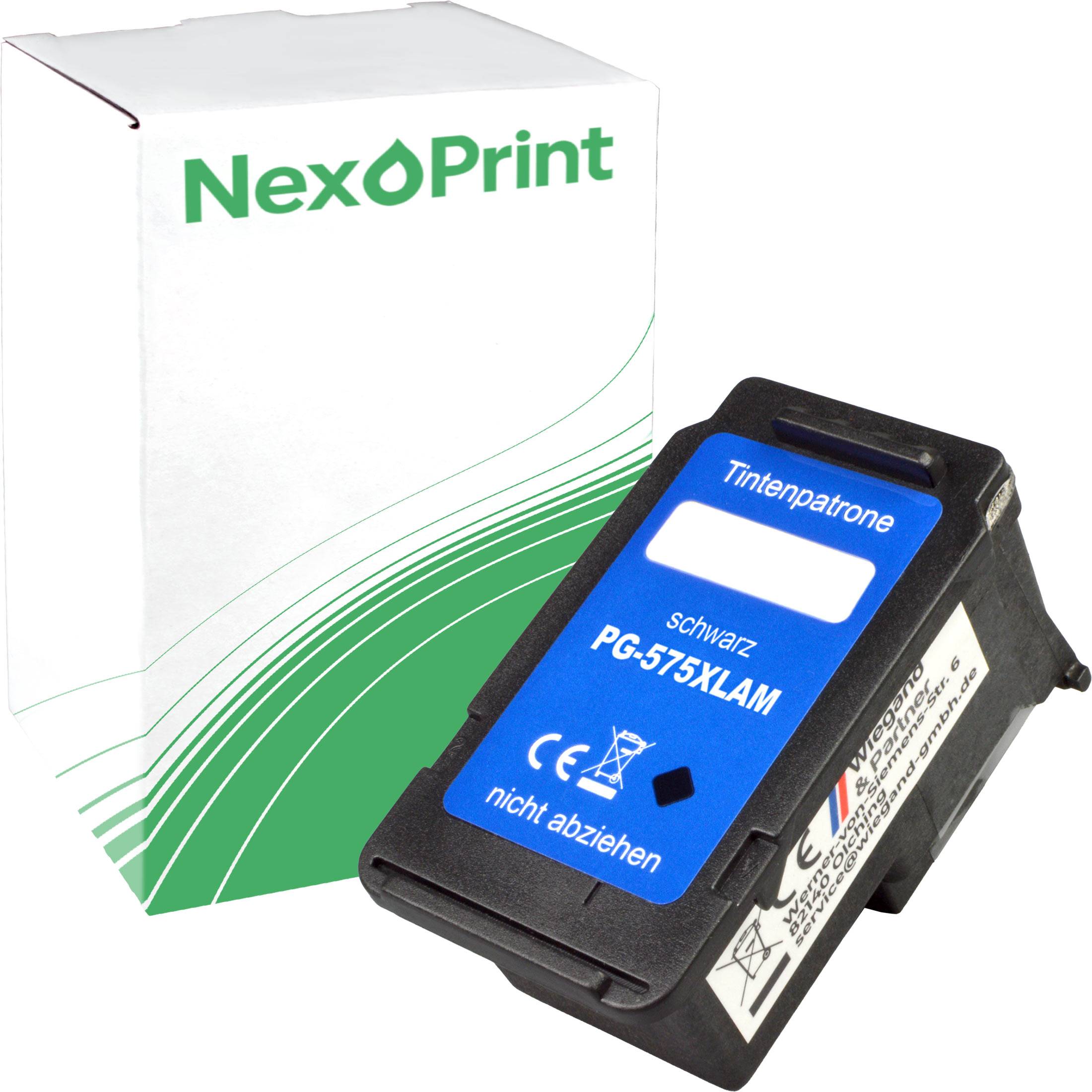 Tintenpatrone mit blauem Etikett, gekennzeichnet mit 'Tintenpatrone PG-575XLAM Schwarz', Verpackung dahinter mit dem Aufdruck 'NexoPrint' und grünem Wellendesign.