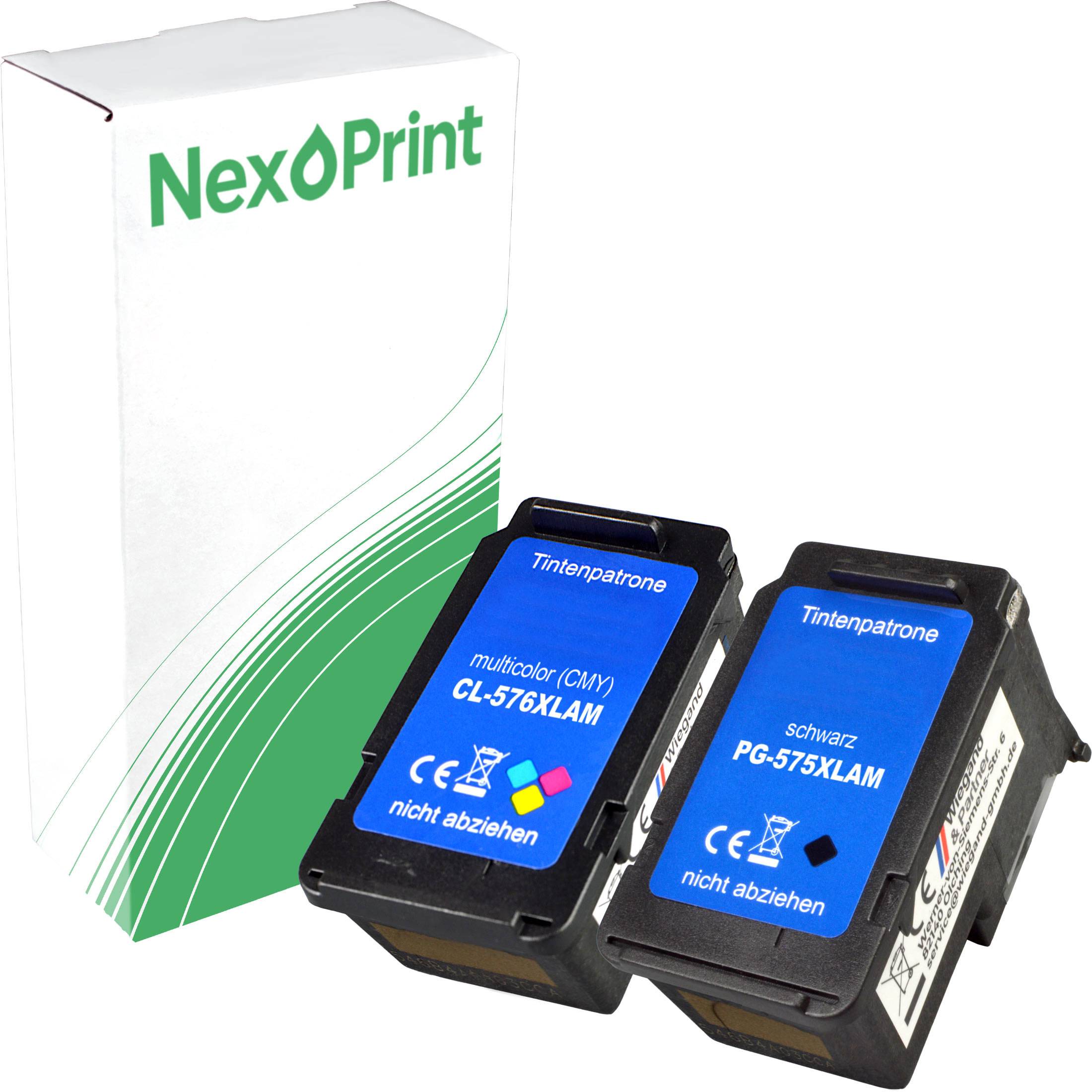 Verpackung für NexPrint Tintenpatronen neben zwei Tintenpatronen: mehrfarbig (CMY) CL-576XLAM und schwarz PG-575XLAM.