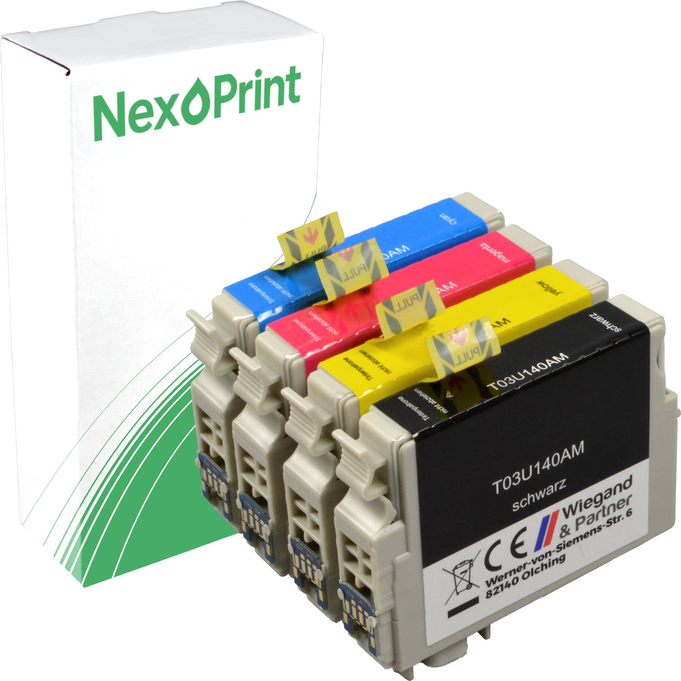 Ein Satz NexPrint-Druckerpatronen in Schwarz, Cyan, Magenta und Gelb stehen vor einer weißen NexPrint-Schachtel.