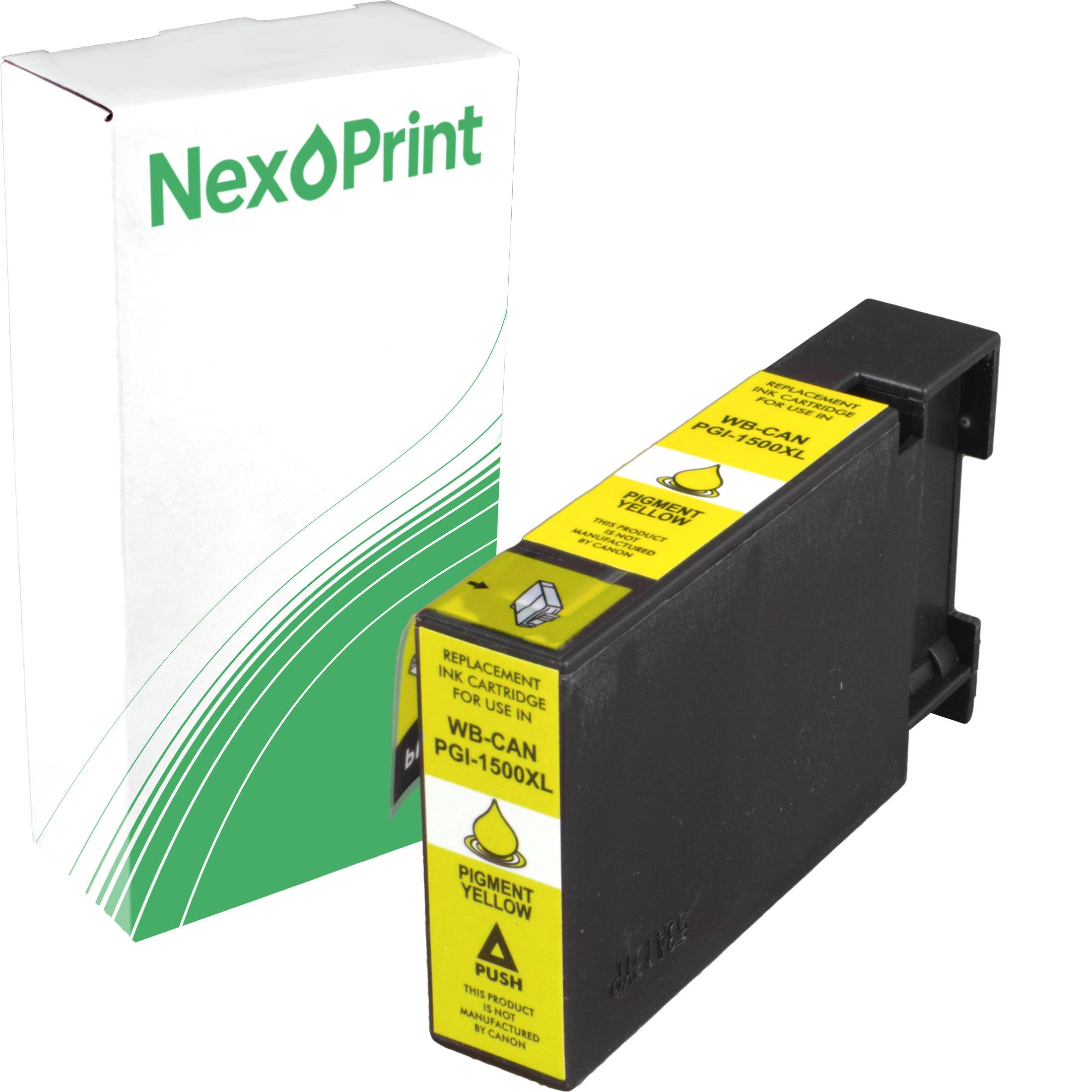 Eine 'NexPrint' markierte Tintenpatronenschachtel neben einer schwarzen und gelben Tintenpatrone, die mit 'Pigment Gelb' beschriftet ist.