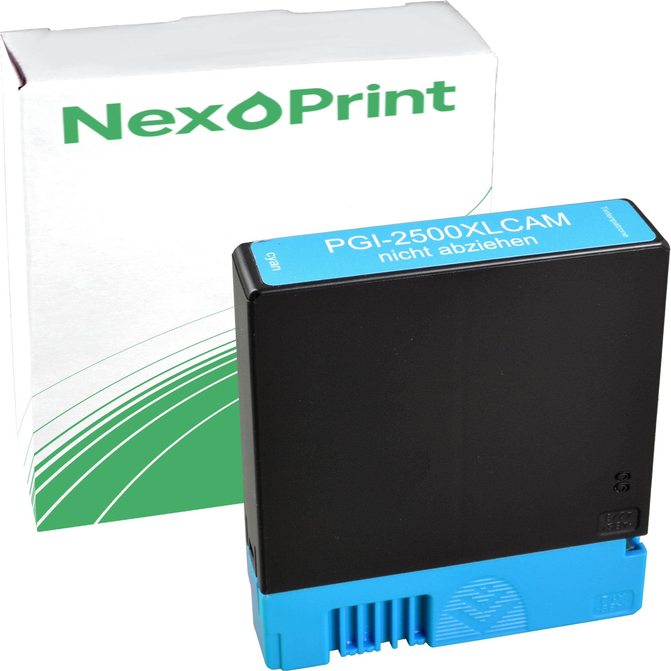 NexoPrint' PGI-2500XLCAM Cyan-Tintenpatrone mit passender Druckerbox.