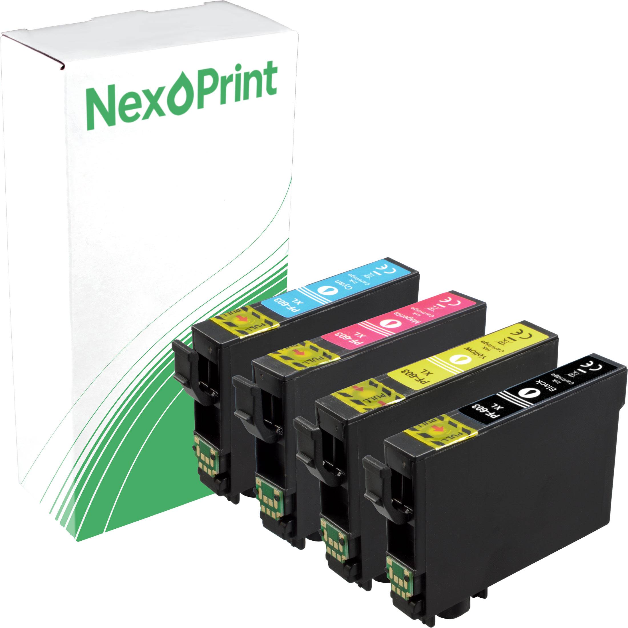 NexPrint' Tintenpatronen in Schwarz, Cyan, Magenta und Gelb, mit einer markierten Verpackung im Hintergrund.