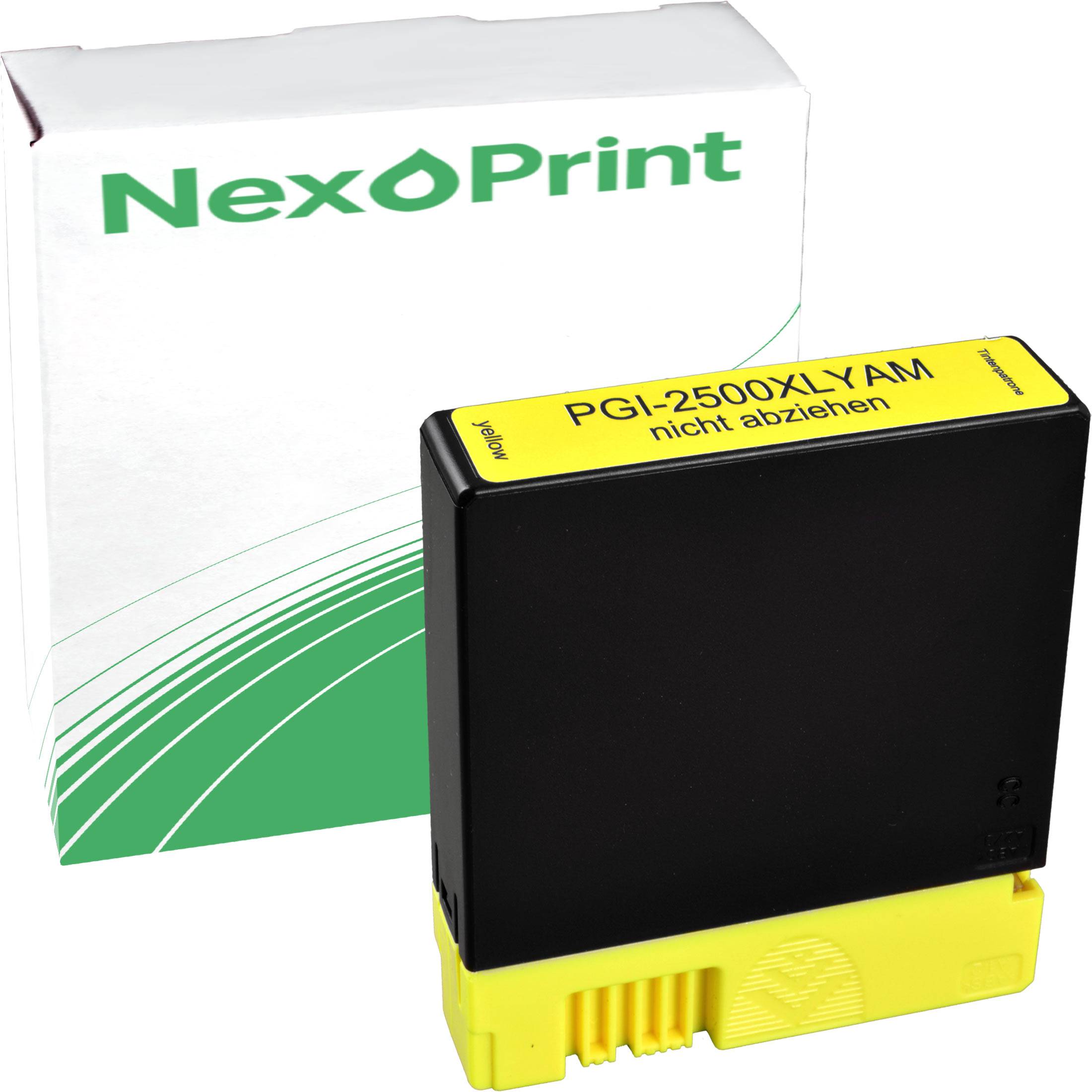 Gelbe NexPrint-Tintenpatrone mit der Beschriftung 'PGI-2500XLYAM nicht abziehen' vor einem weiß-grünen Hintergrund.