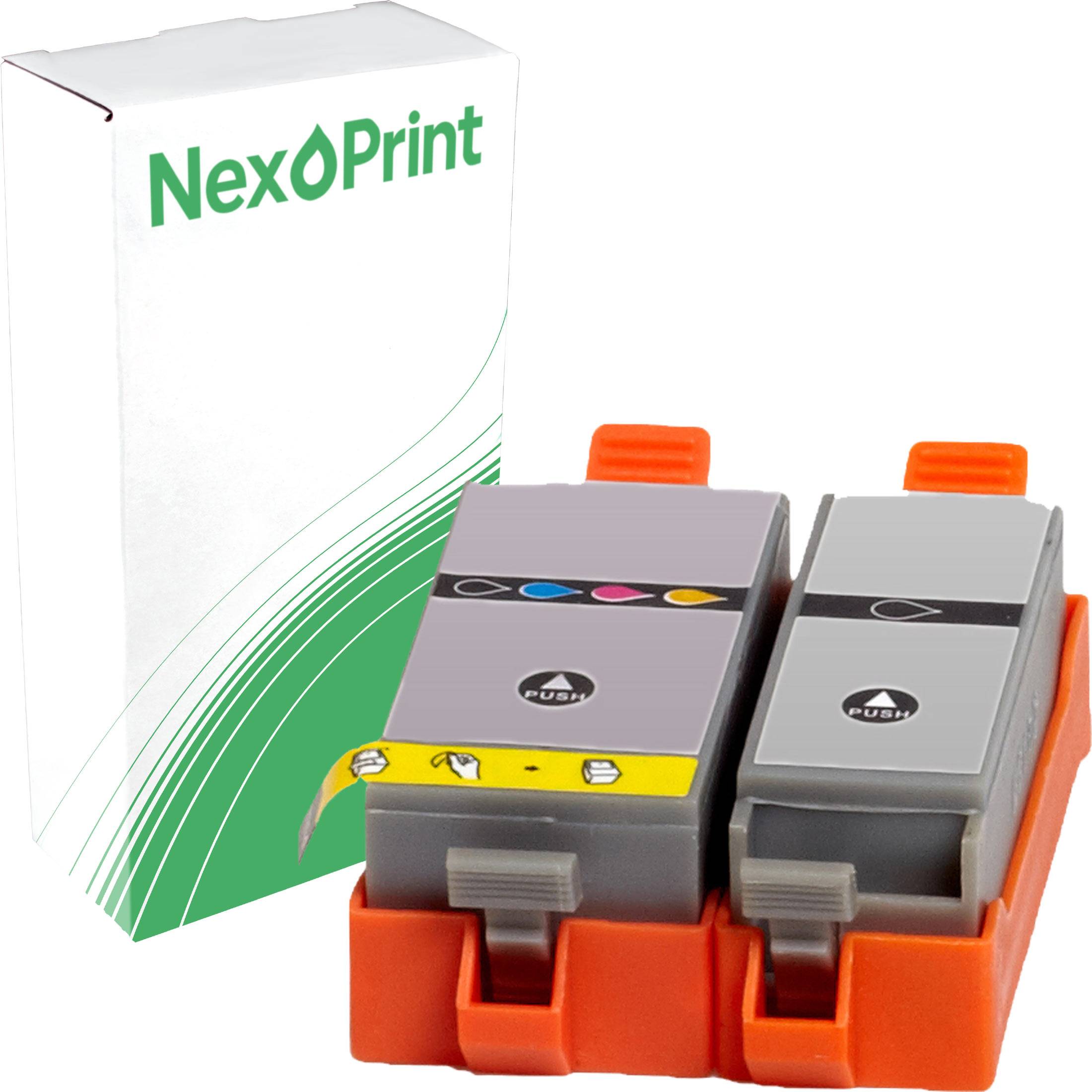 Zwei Tintenpatronen mit Farbindikatoren liegen vor einer NexPrint-Verpackung.