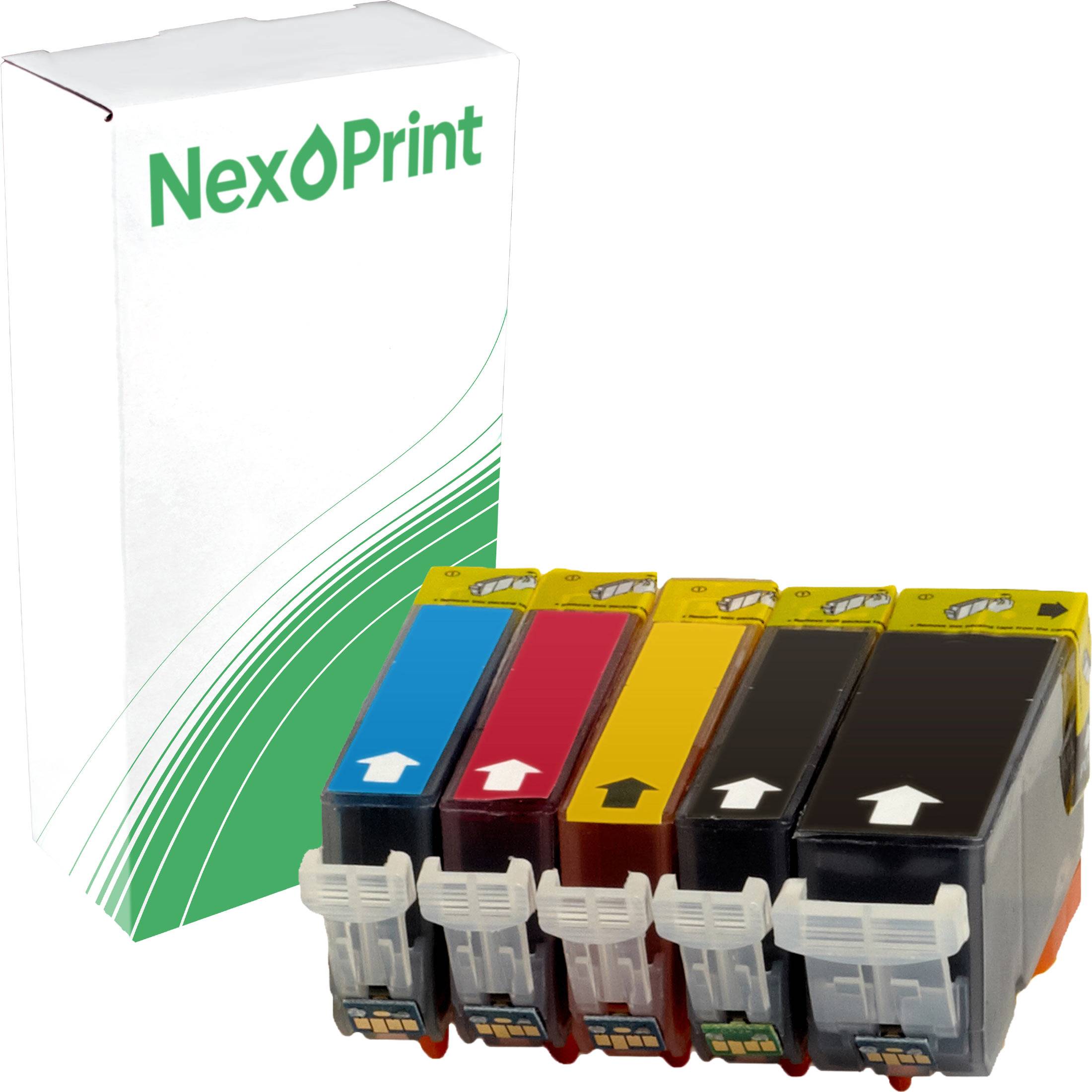 Tintenpatronenpackung mit fünf Farben: Cyan, Magenta, Gelb, Schwarz und Fotoschwarz. Schachtel mit der Aufschrift 